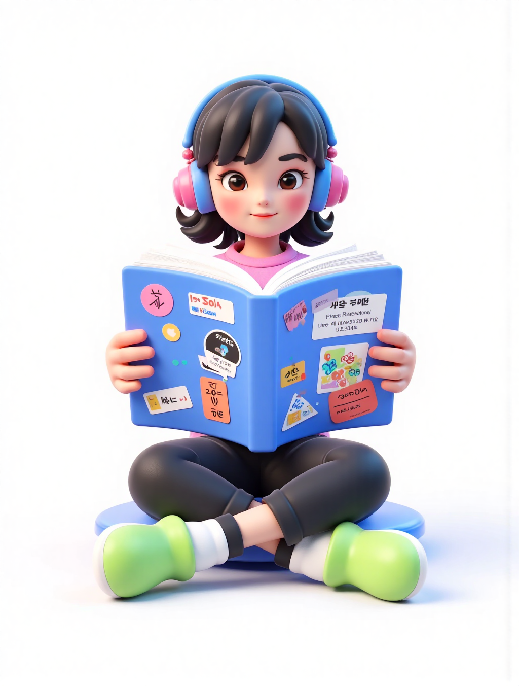 戴耳机坐着阅读的3D卡通女孩