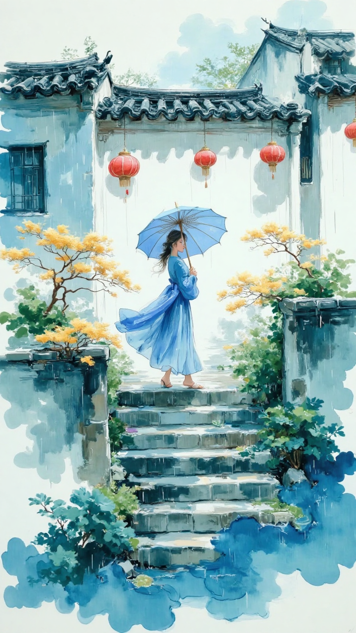江南庭院中的蓝衣执伞少女
