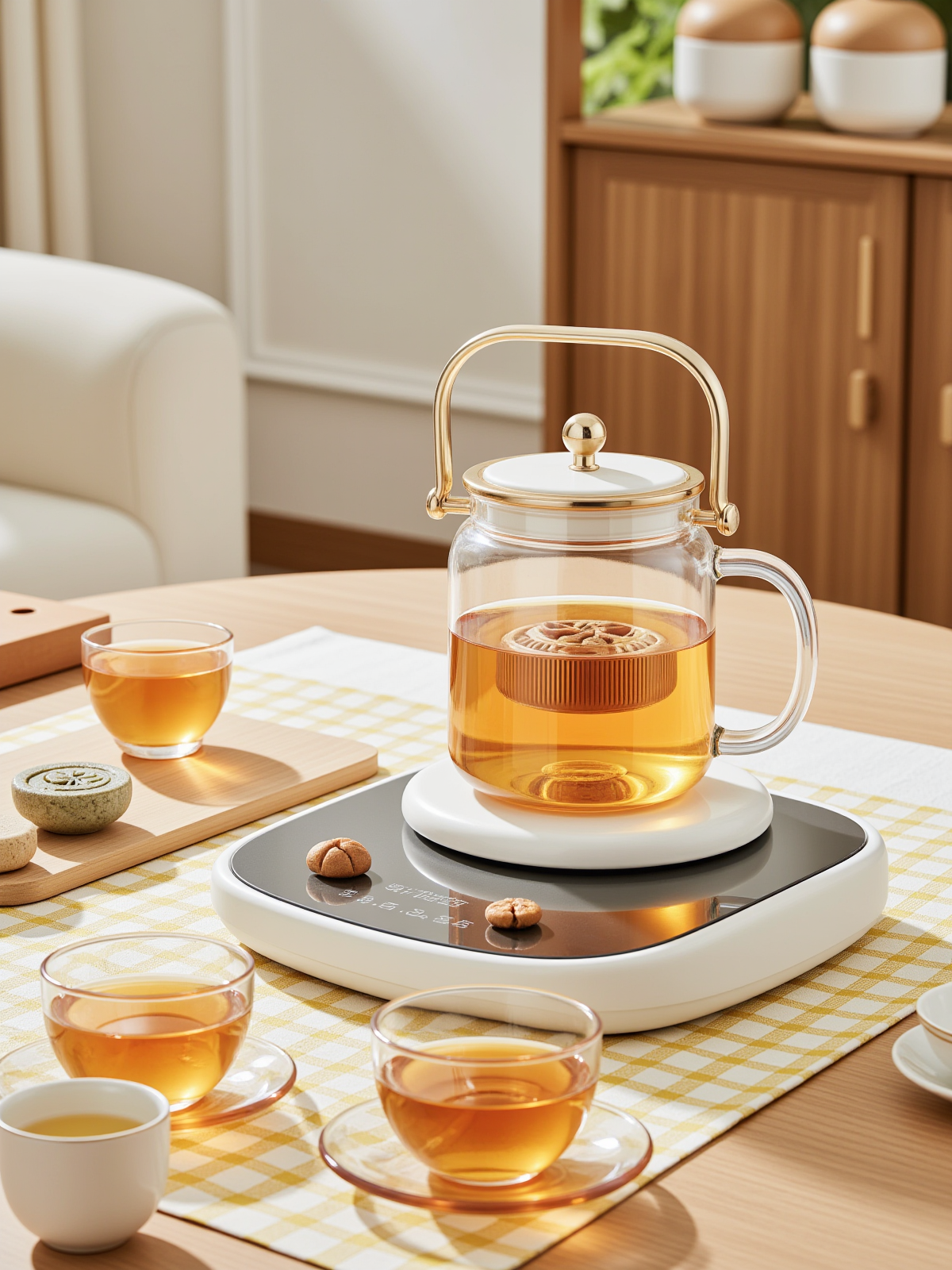 温馨居家茶饮场景中的玻璃养生壶