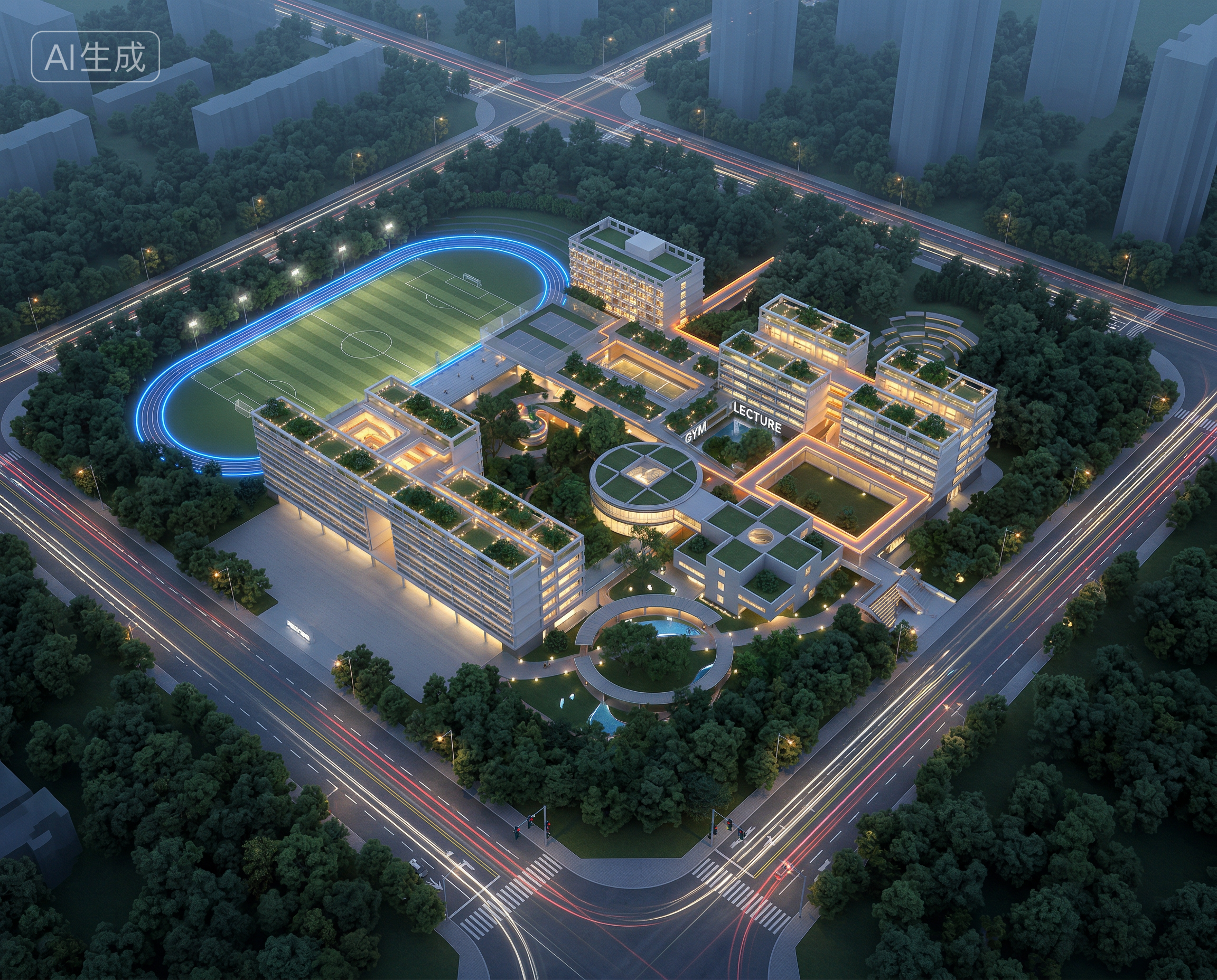中小学校夜景鸟瞰效果图