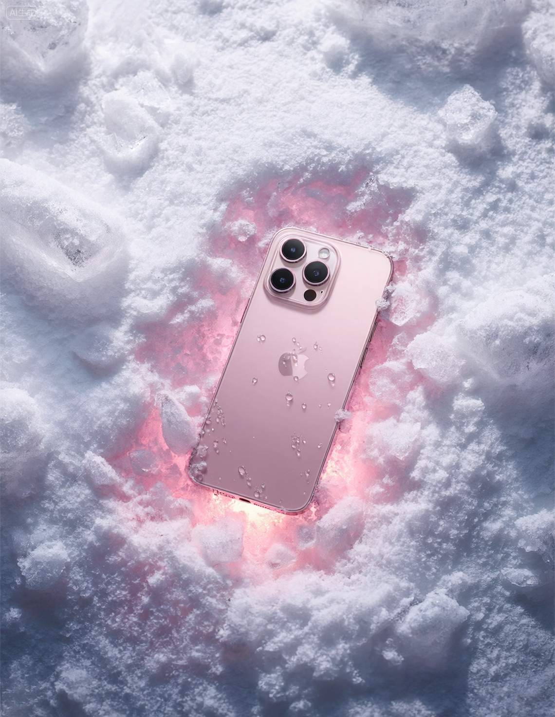 粉色手机躺在雪地中的梦幻科技感画面