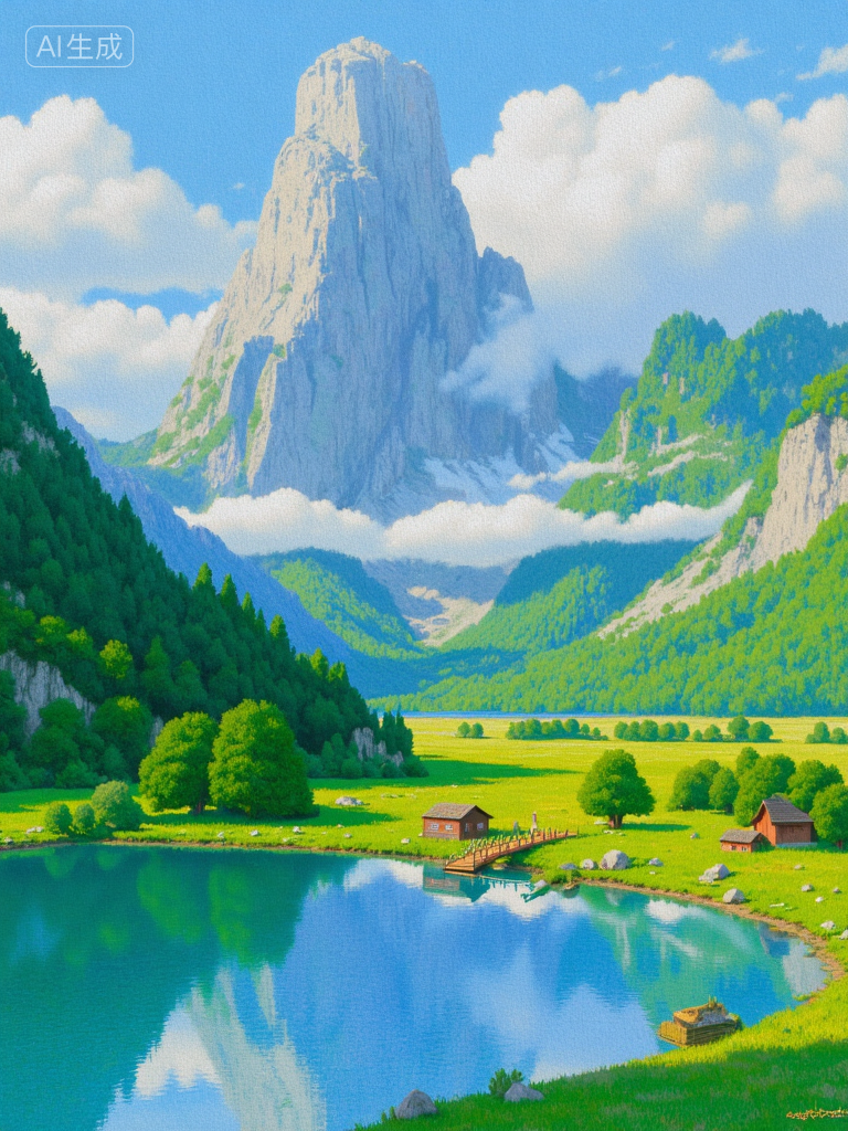 梦幻山谷湖景插画