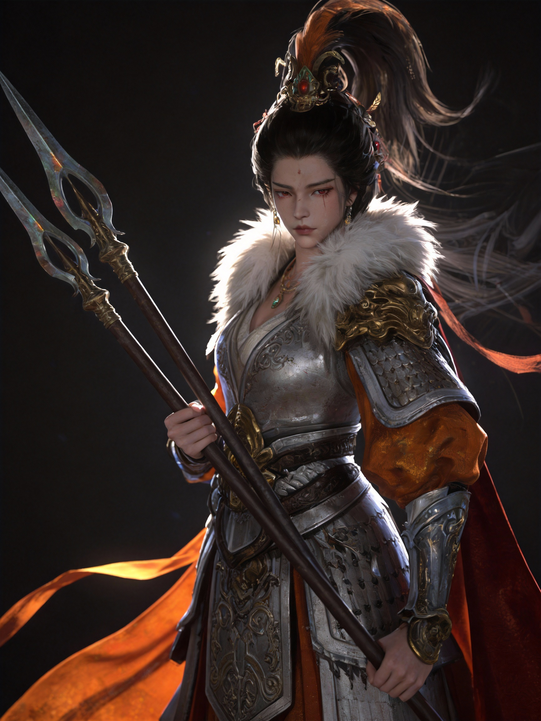威武的古代女战将持双戟立像