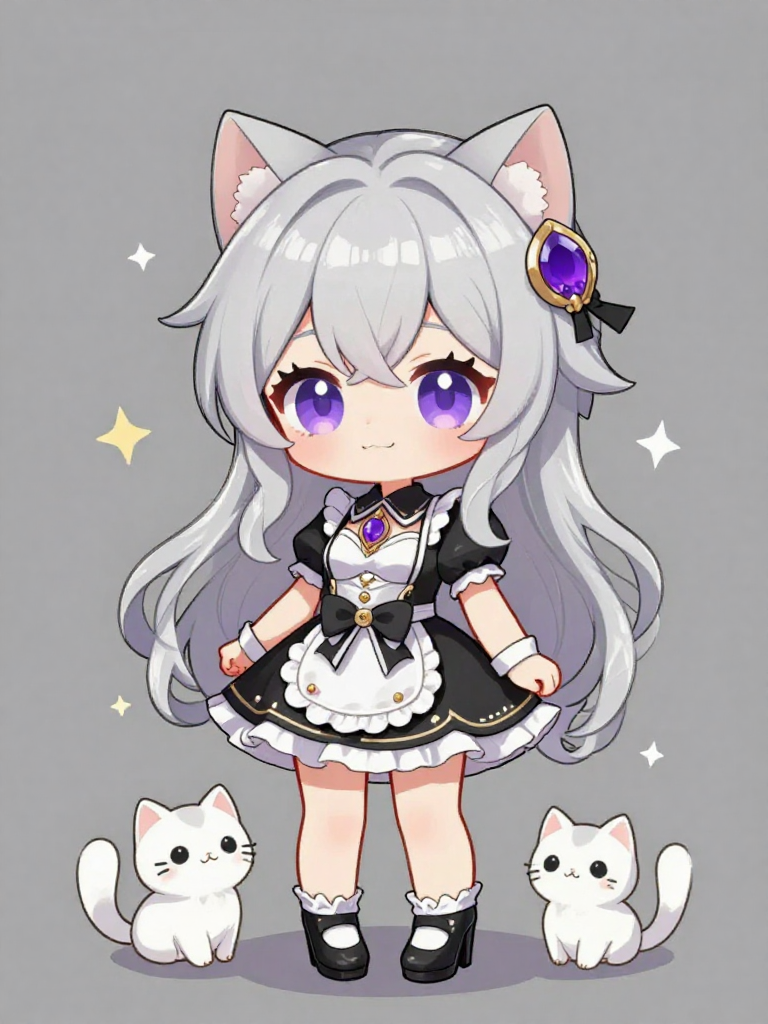 银发猫耳少女与双猫的可爱Q版插画