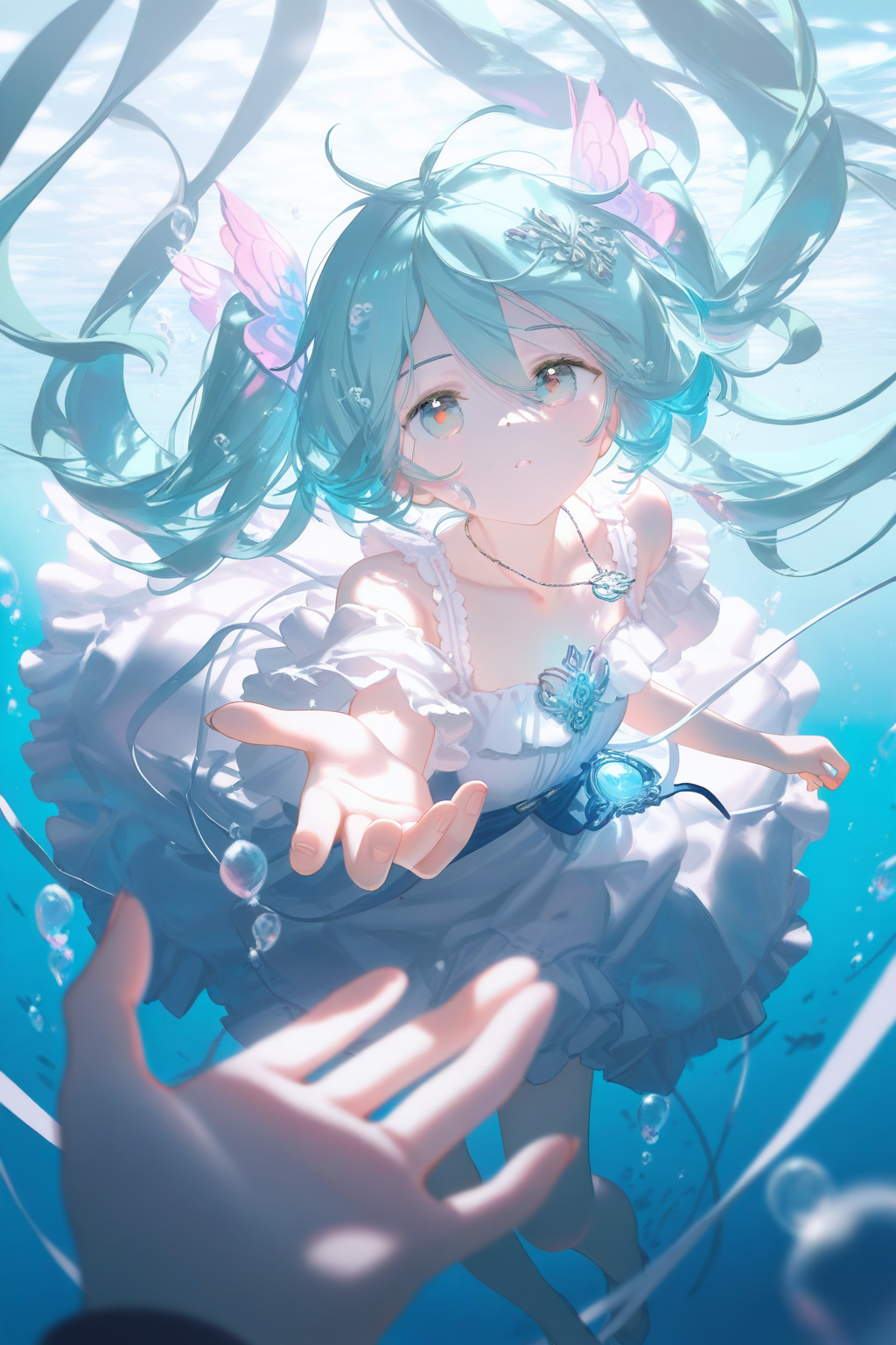 梦幻水下的蓝发少女与伸出的手