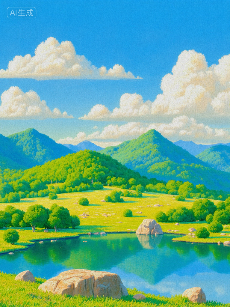 梦幻山谷湖景插画