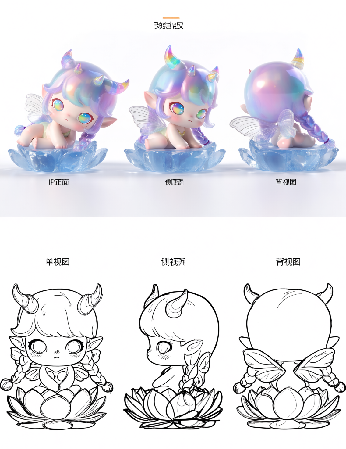独角兽精灵坐莲花摆件三视图设计