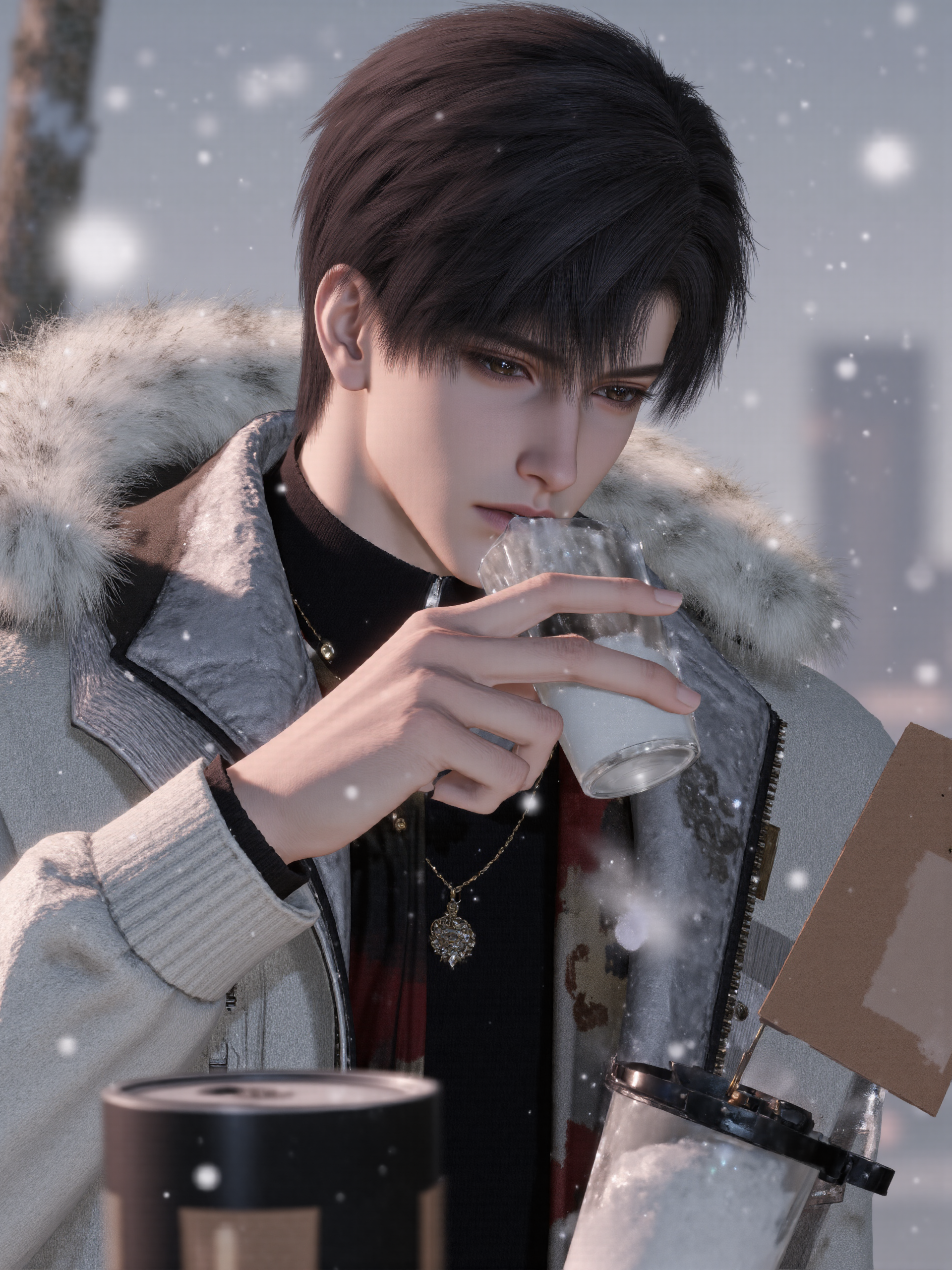 冬日雪景中的时尚男性形象