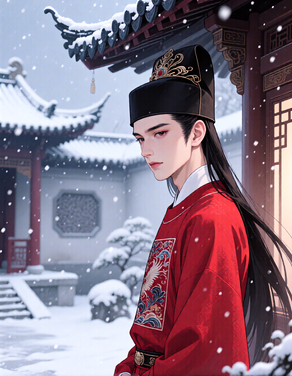 雪中庭院里的古风人物