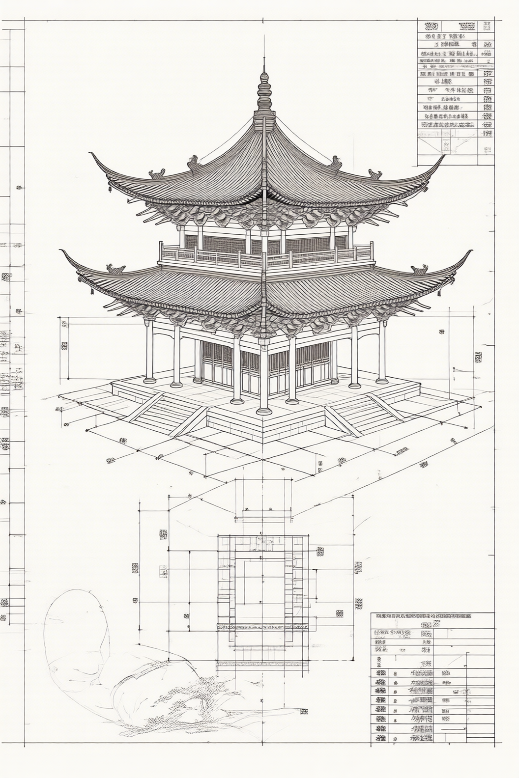 中式传统双层飞檐建筑结构设计图