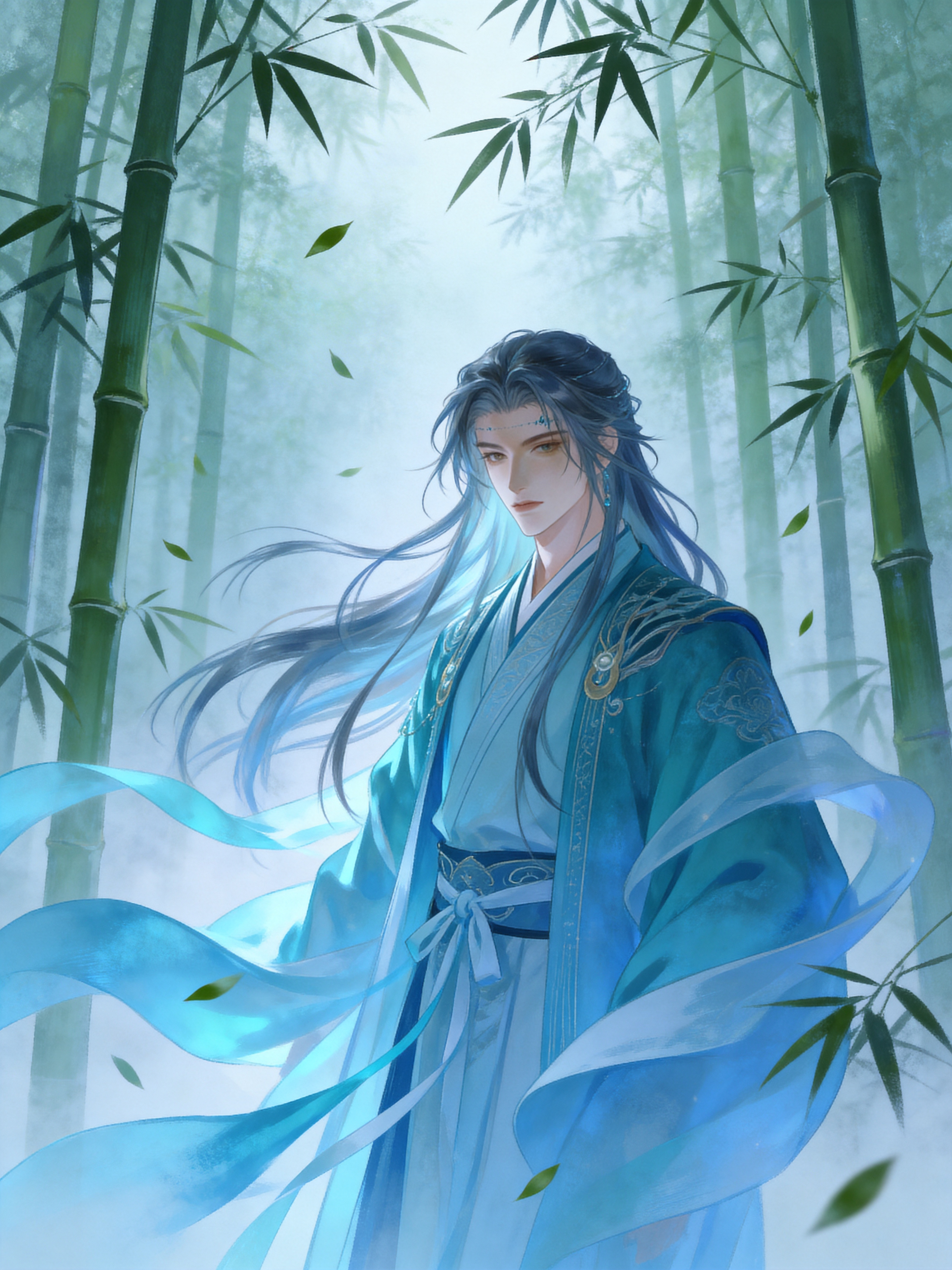 竹林中的蓝衣古风人物