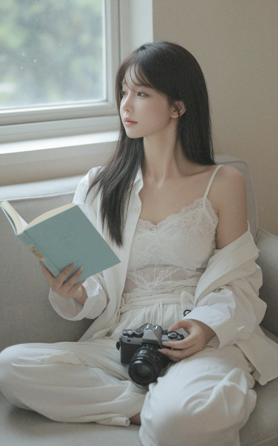 窗边阅读与摄影的静谧少女