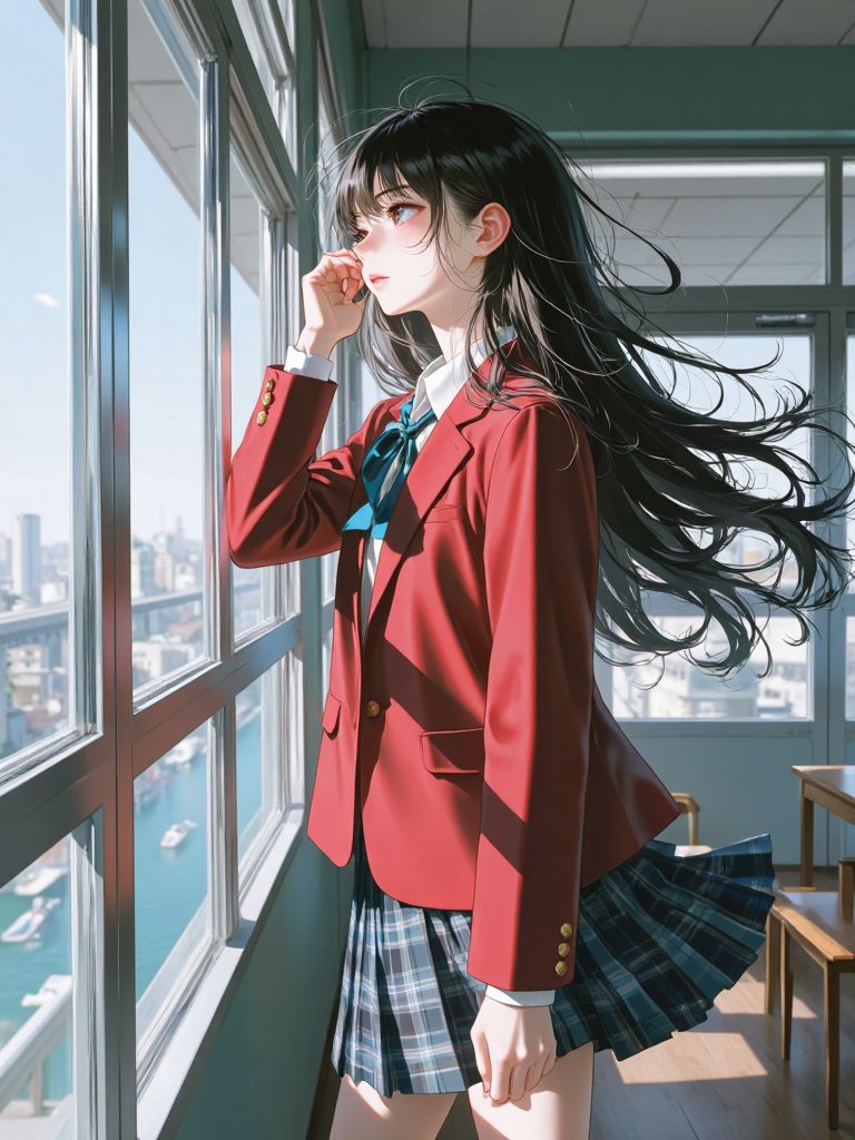 窗边眺望城市的校服少女