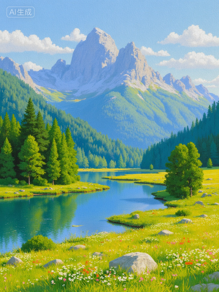 梦幻山谷湖景插画