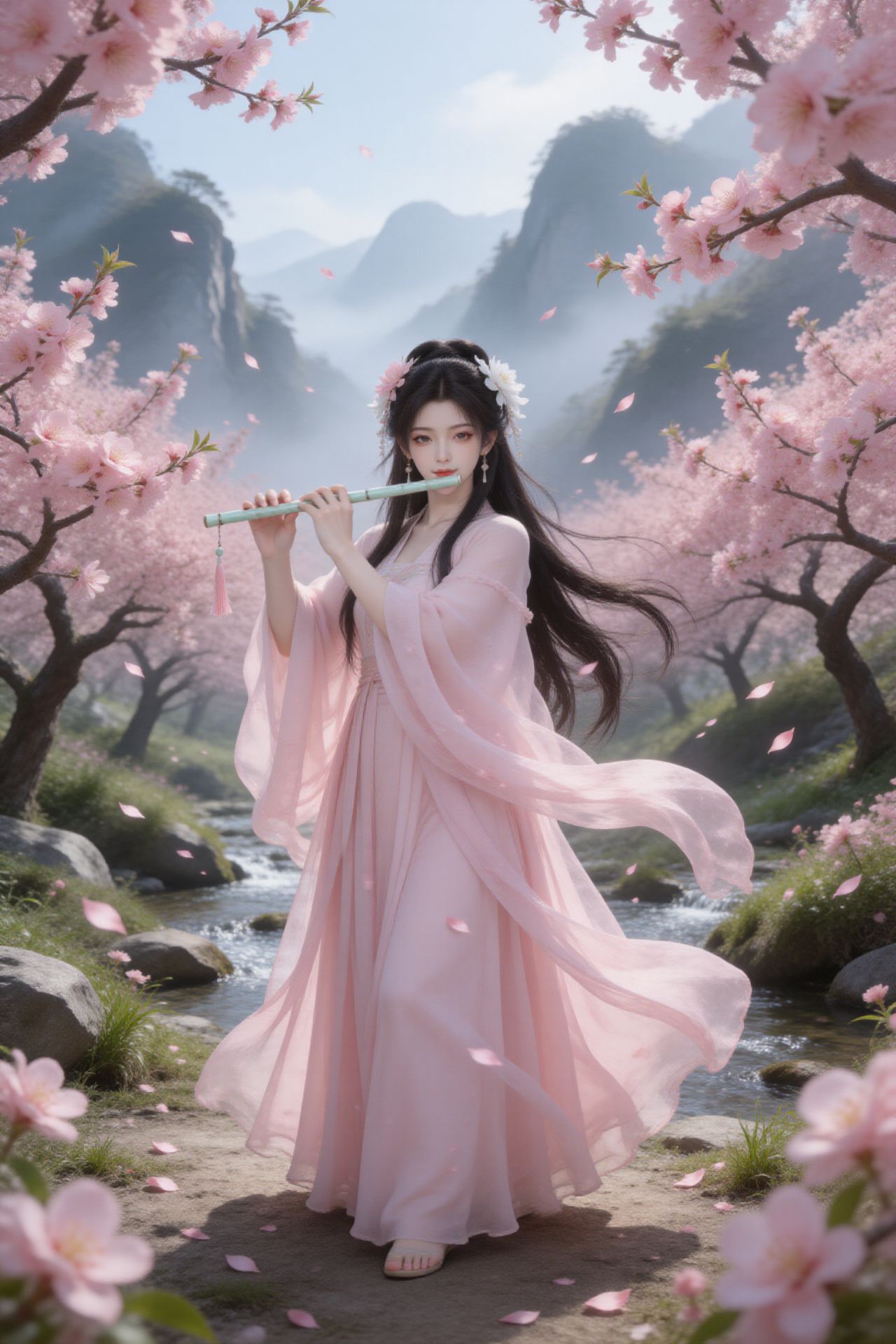 春日桃花溪畔的古风吹笛少女