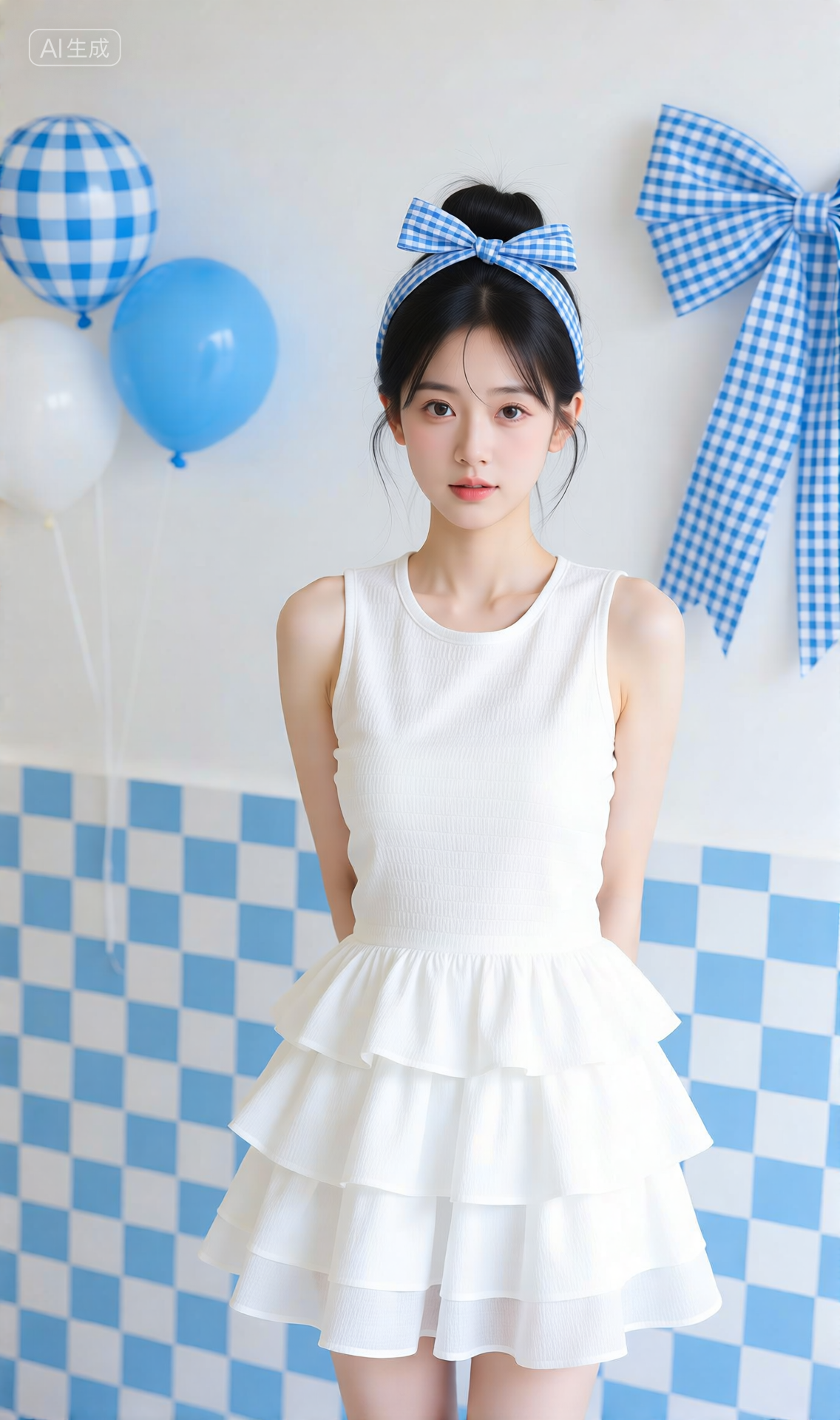 蓝白格纹主题的清新生日派对少女写真