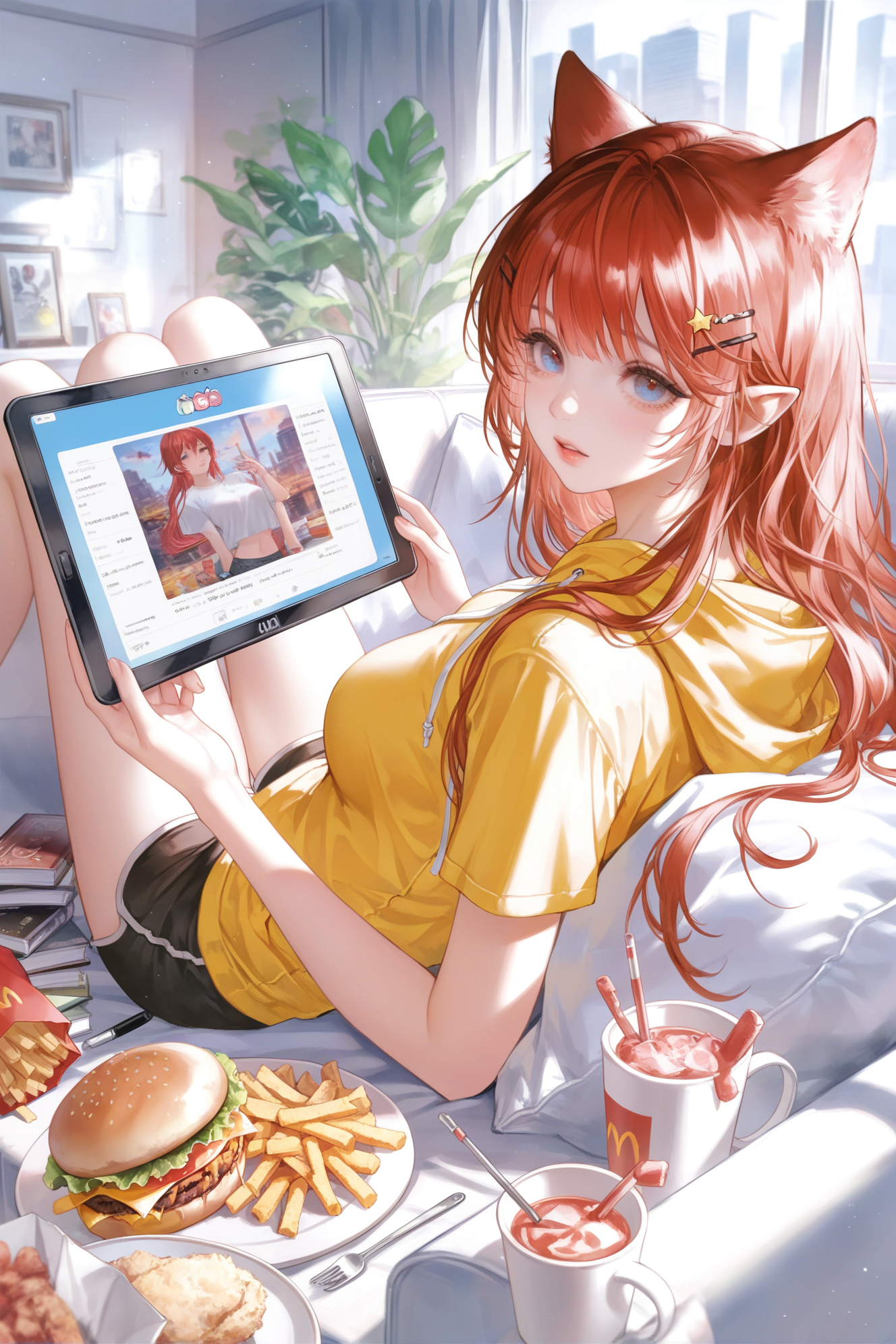 庭院中阅读报纸的洛丽塔风格少女