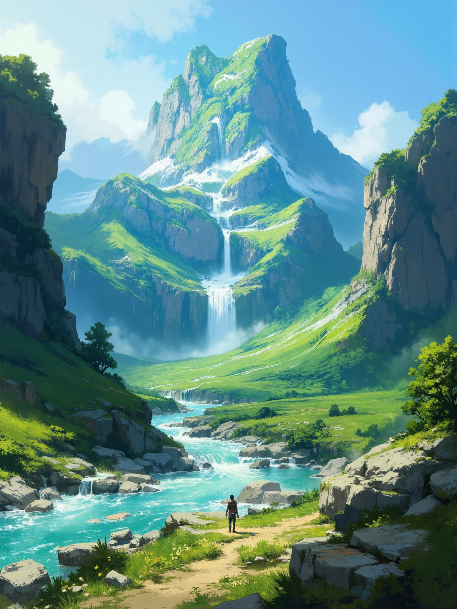 孤峰瀑布与青翠峡谷中的旅人