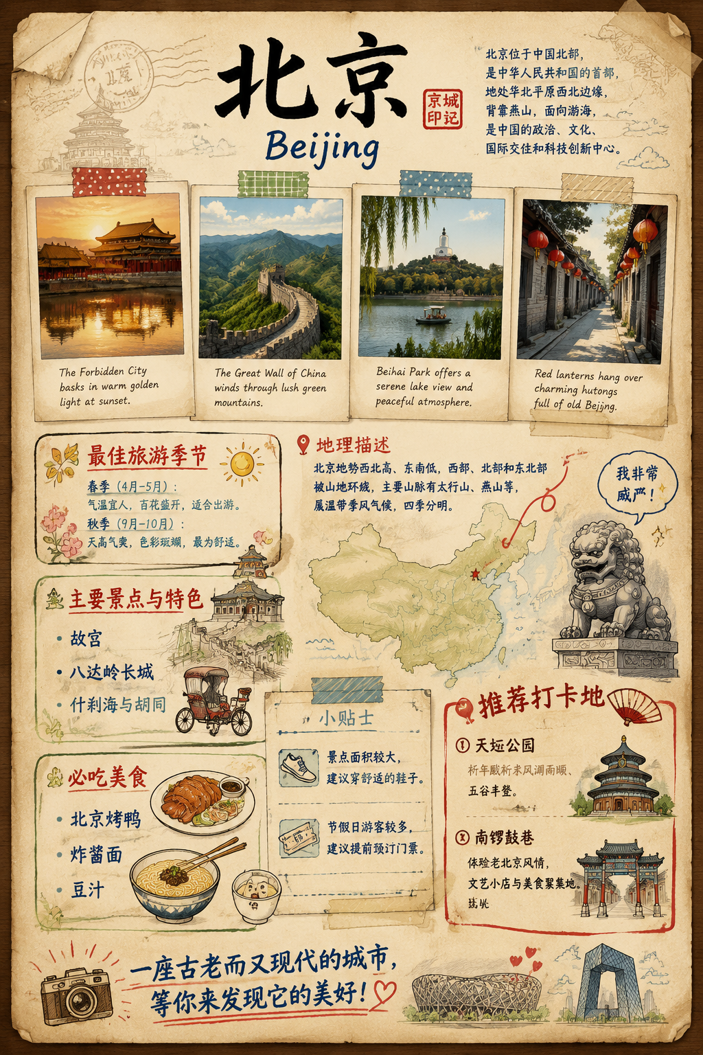 北京手绘复古旅游海报