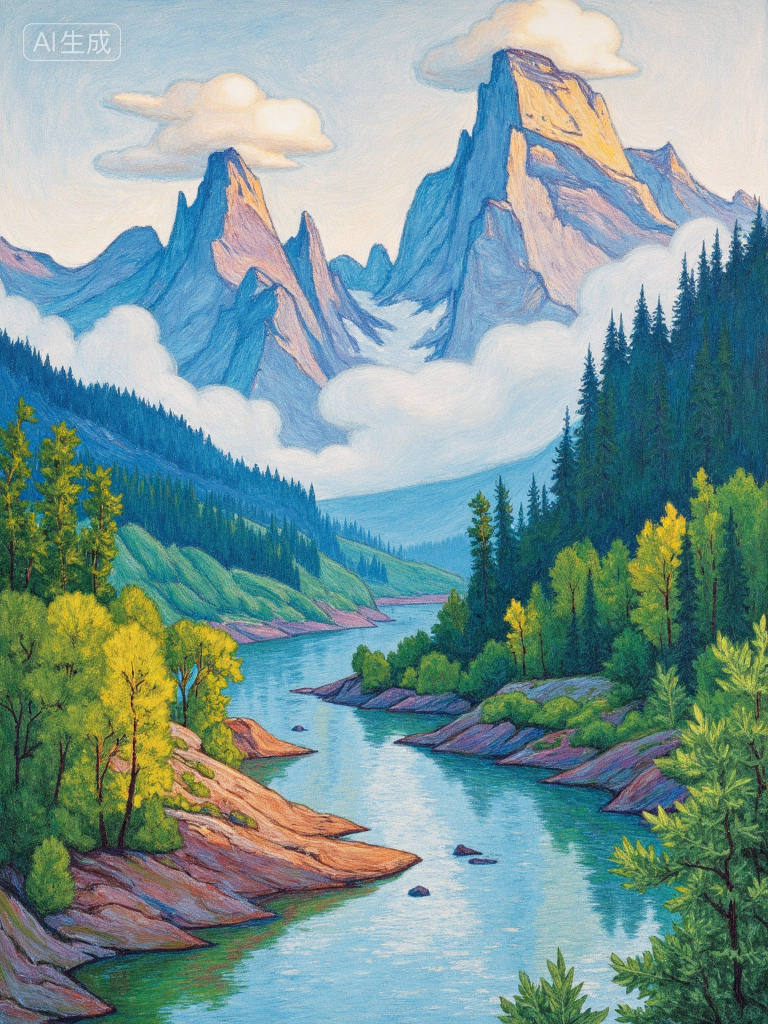 梦幻山谷湖景插画