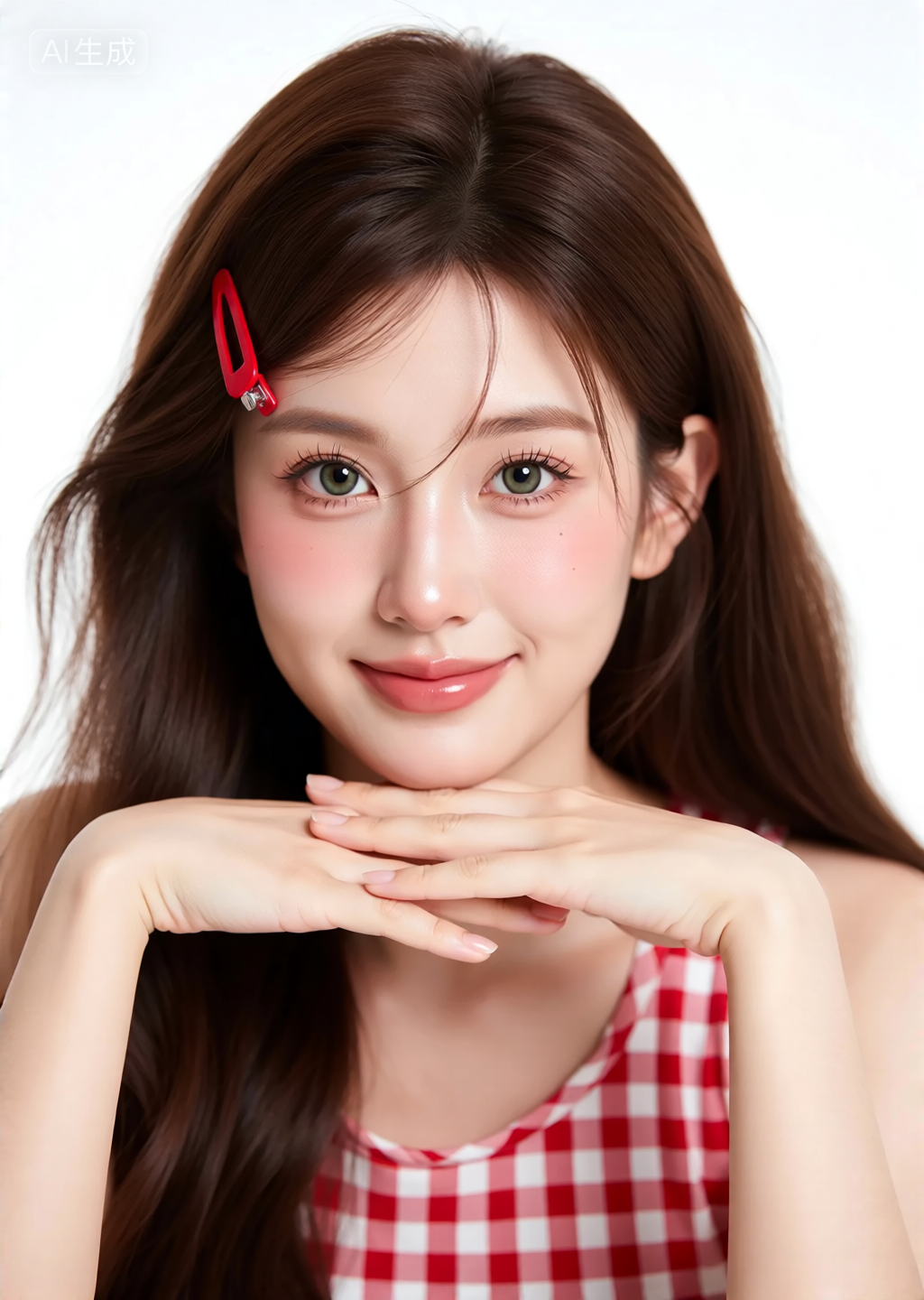 红白格纹上衣的长发女生肖像