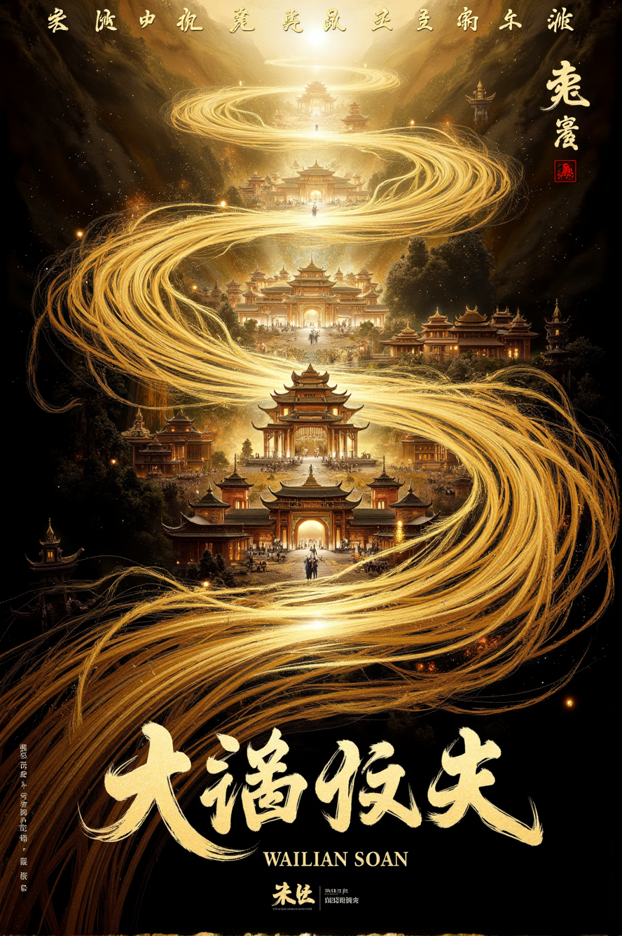 金色丝带穿梭仙宫的古风奇幻海报