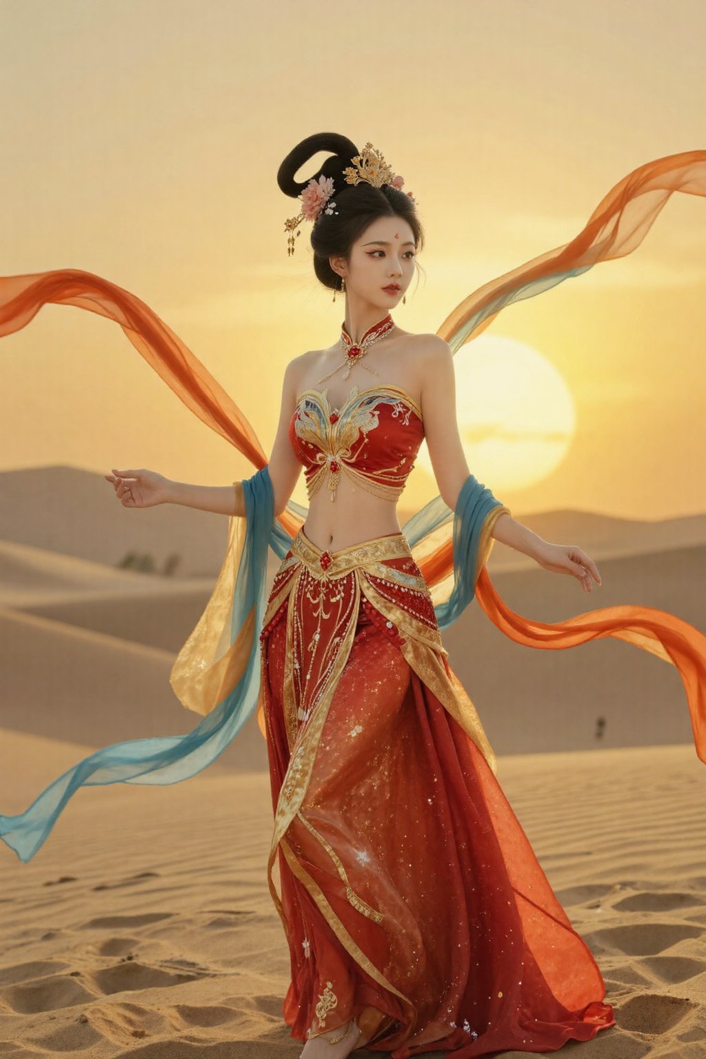 沙漠落日中的华丽古风舞者