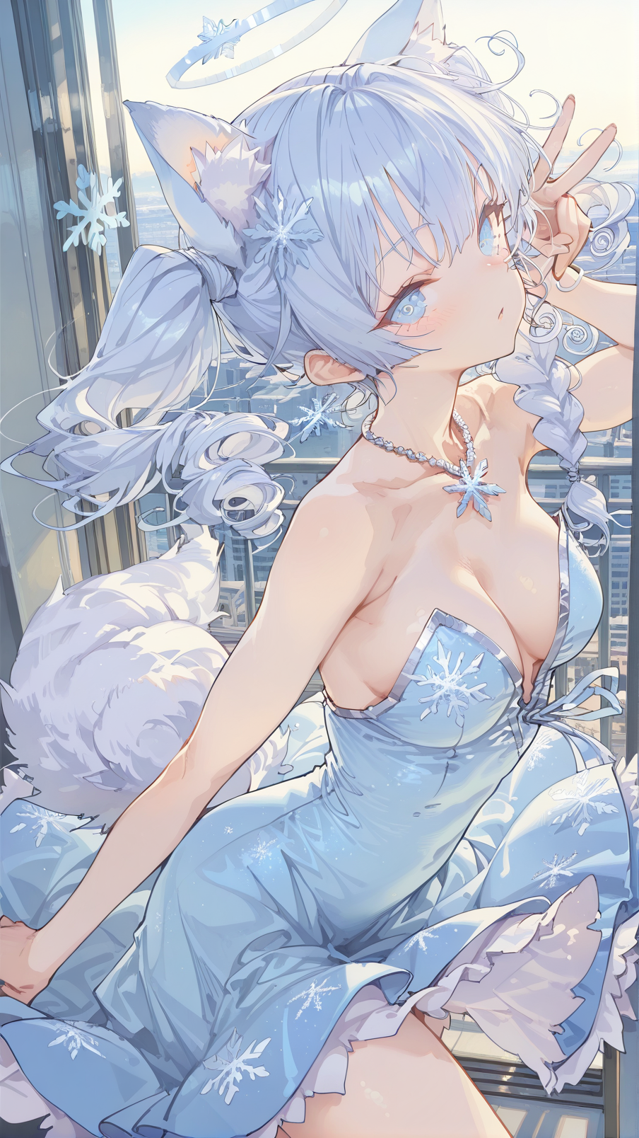 蓝白色冰雪系天使少女插画