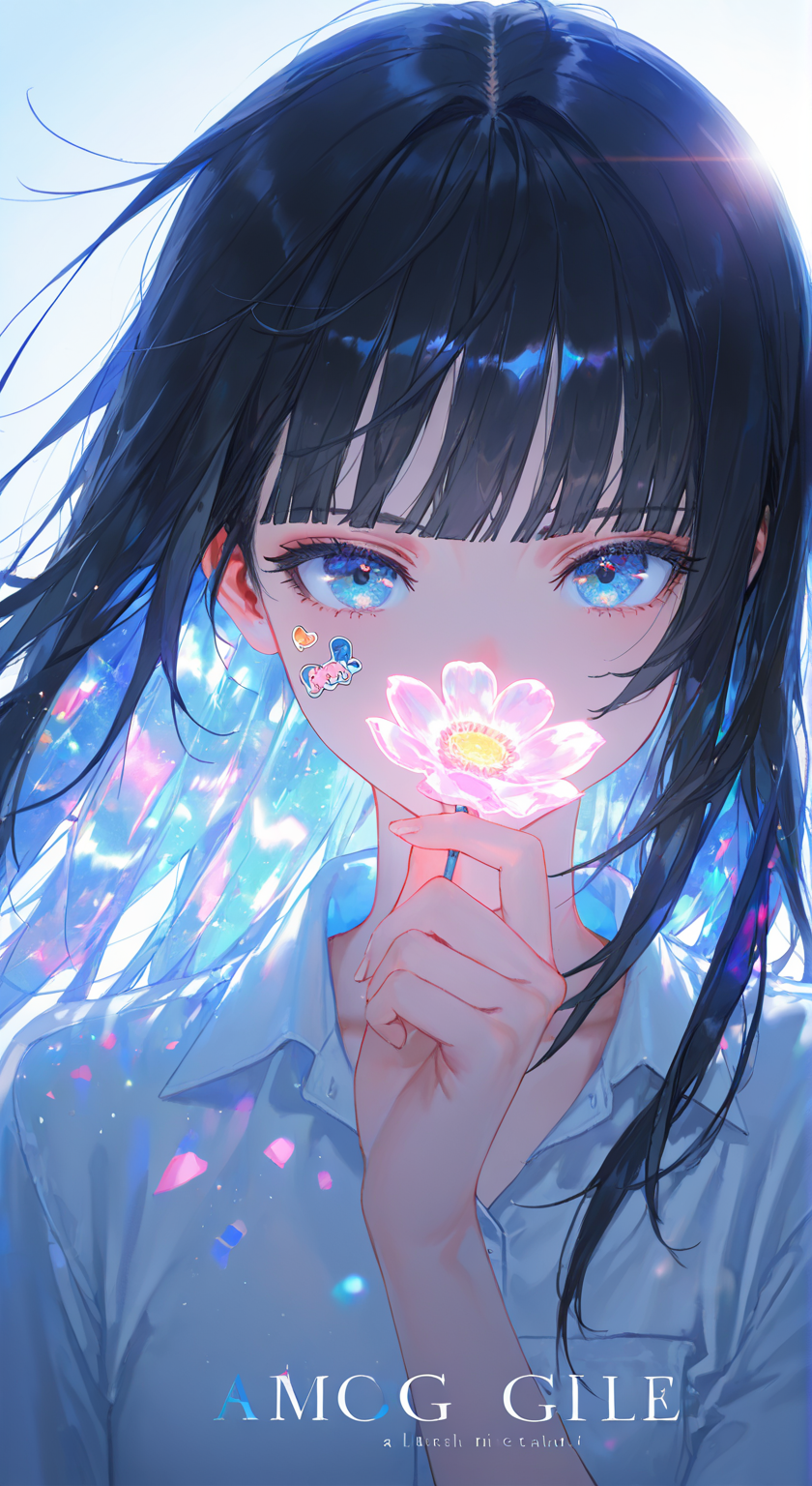 花影中的蓝发少女插画