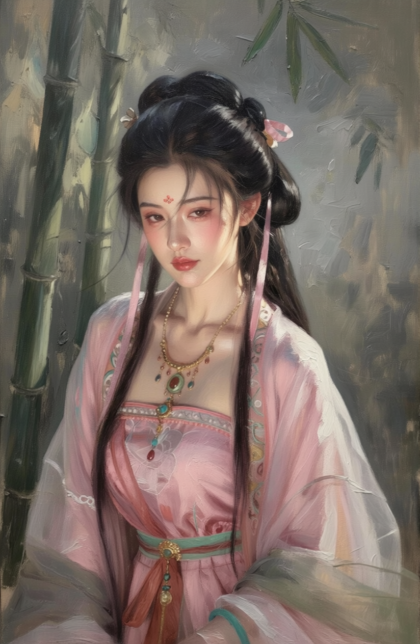 竹林中的古风粉衣女子油画风肖像