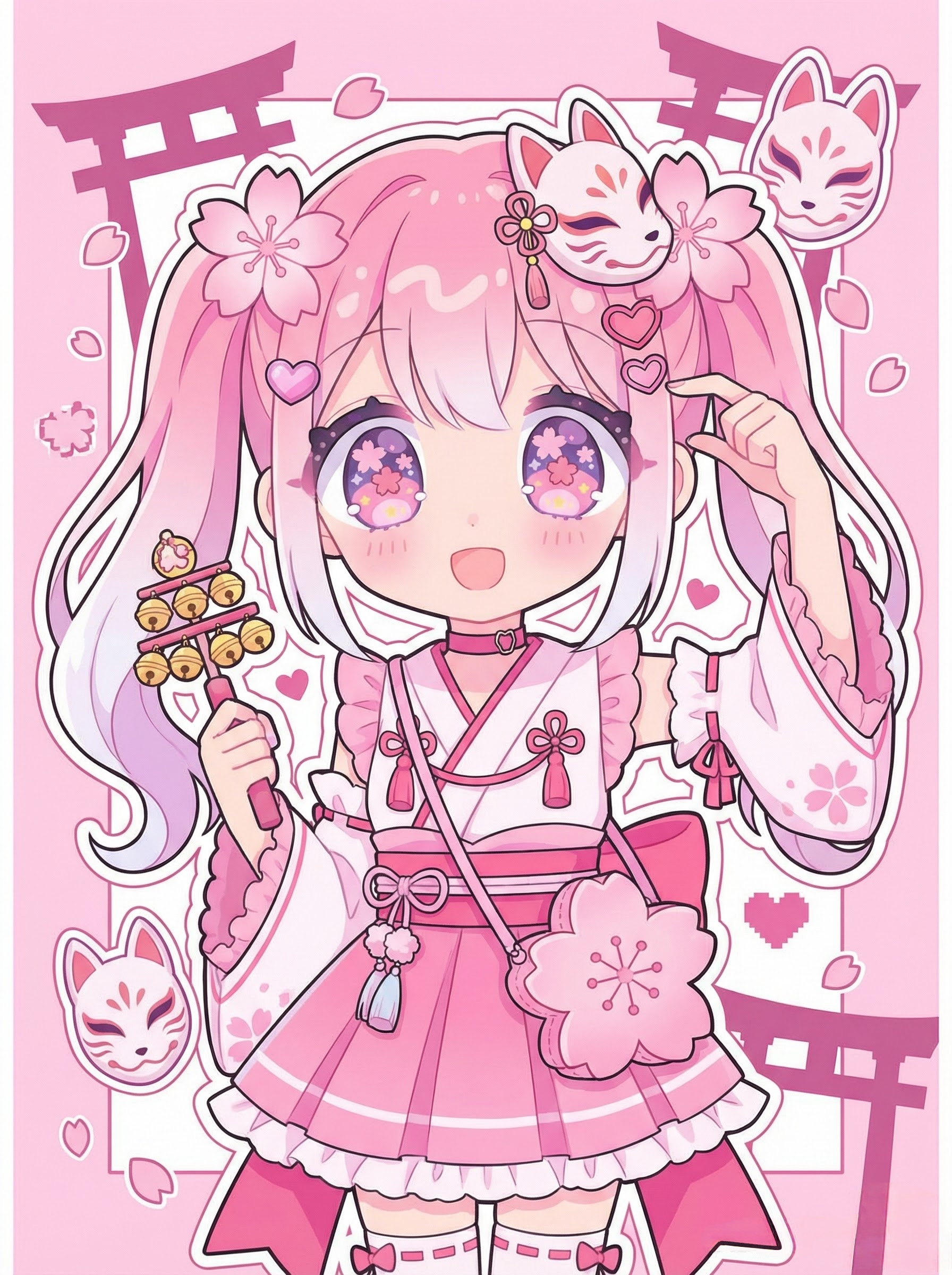 粉色和风少女与狐面祭典插画