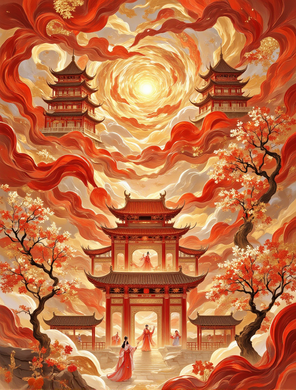 祥云流转中的中式仙境楼阁