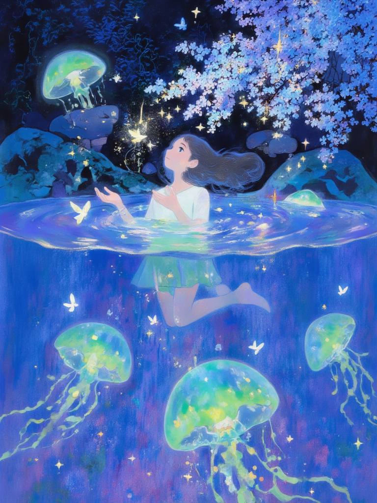 梦幻水域中的少女与荧光水母