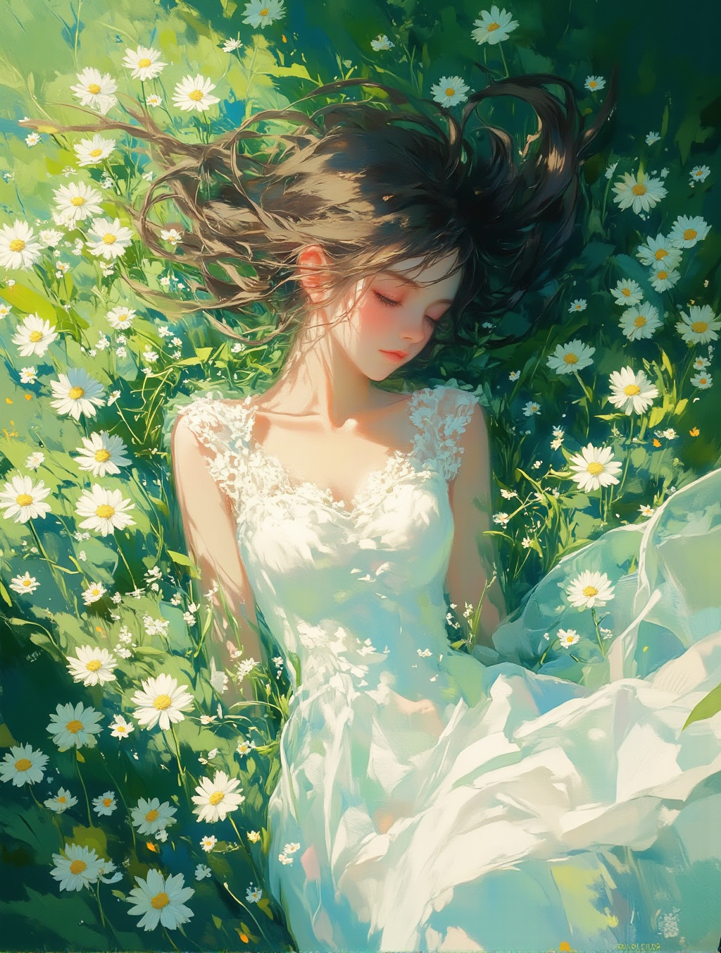 躺在雏菊花海中的夏日少女