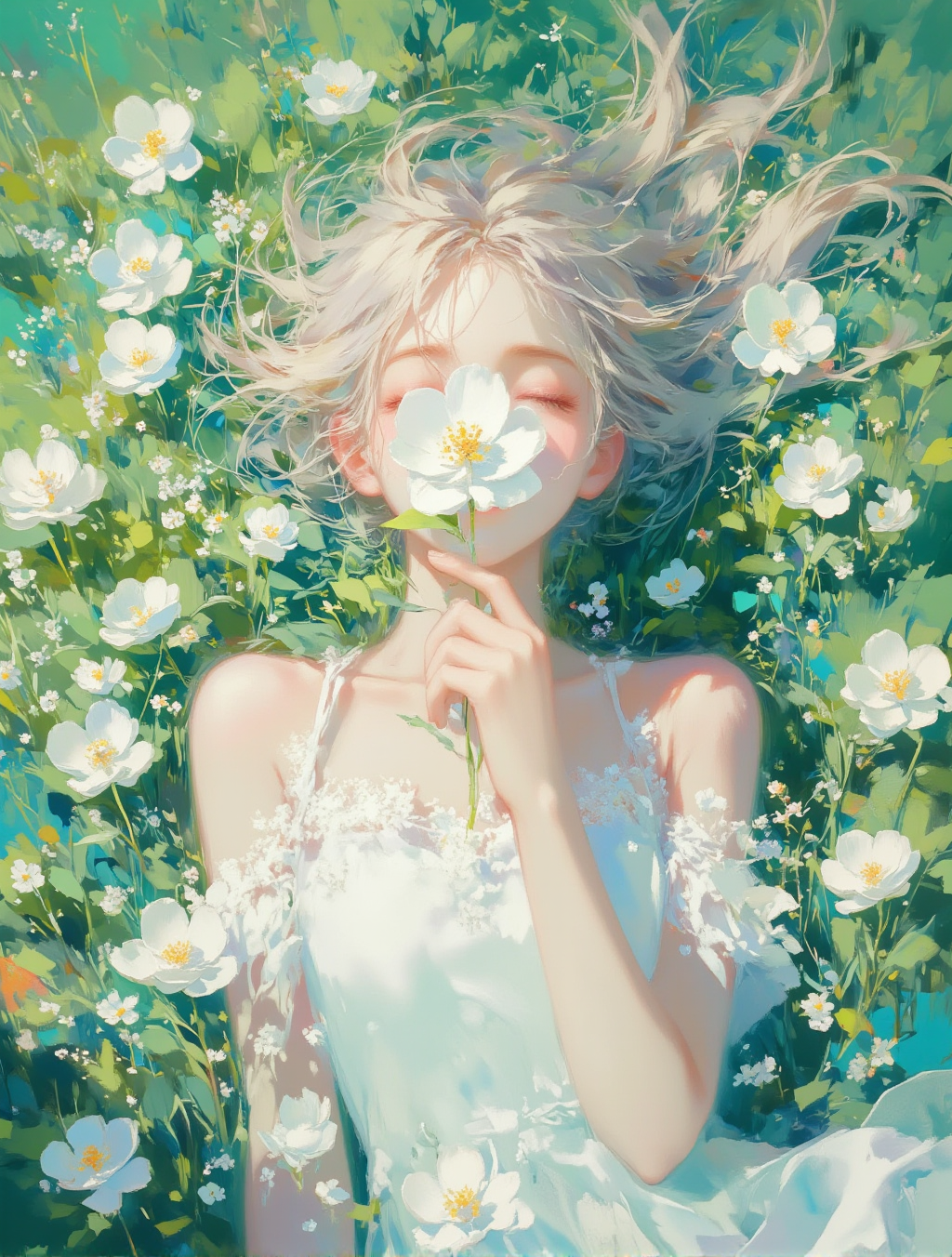 花海中的梦幻少女插画