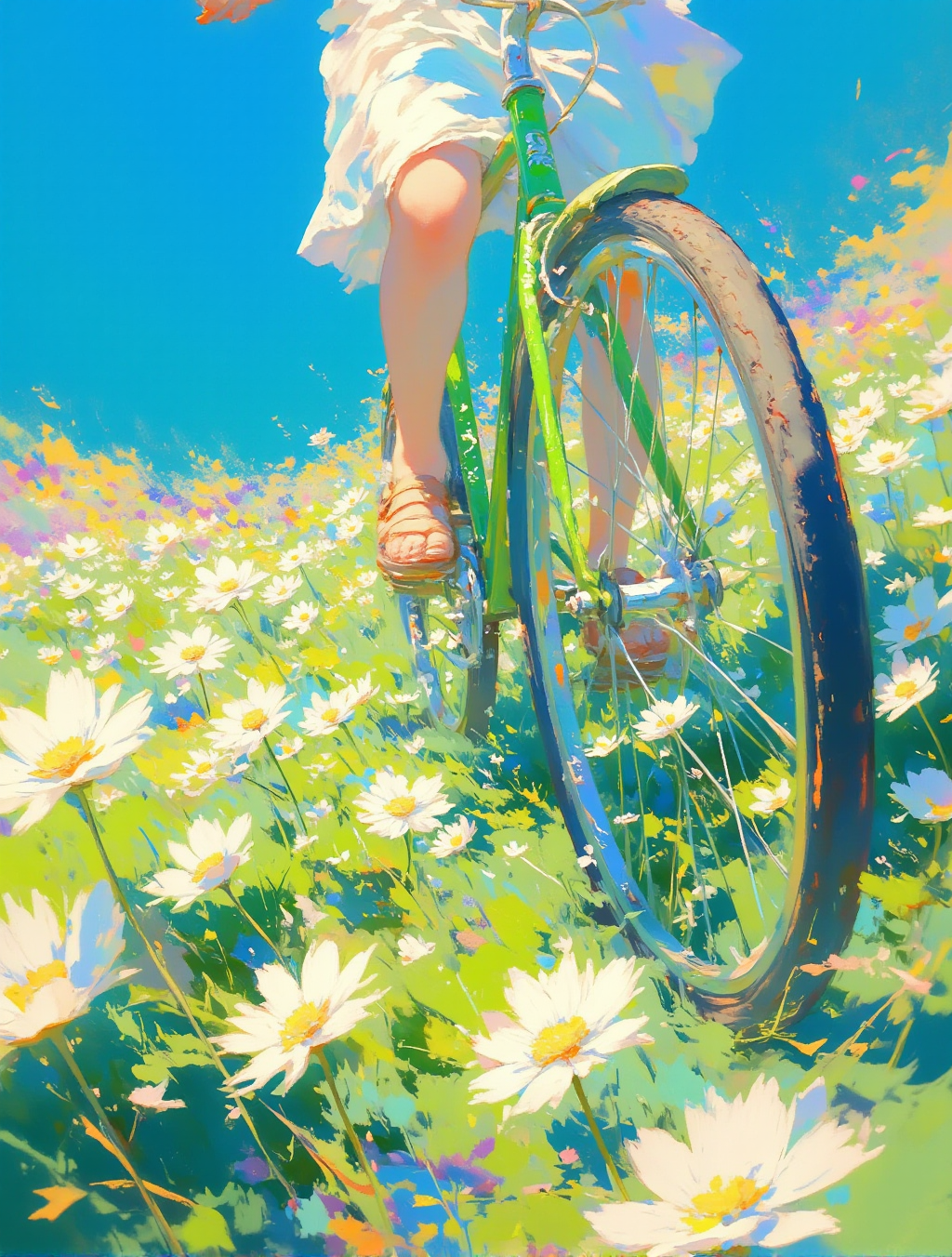 骑行在夏日花海中的少女