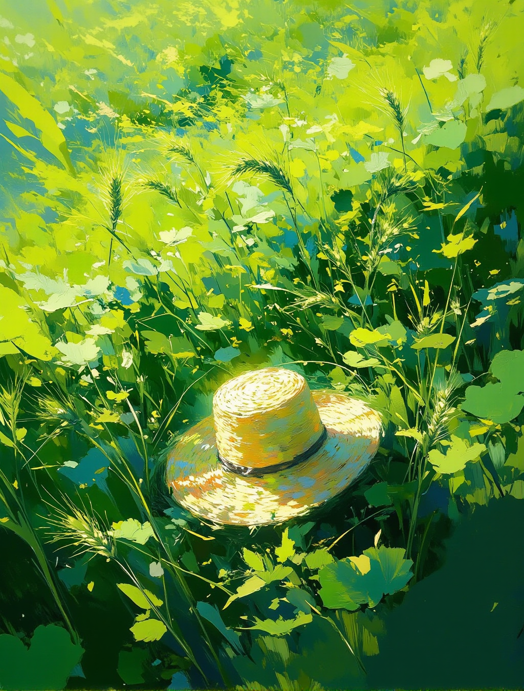 夏日草丛中的草帽