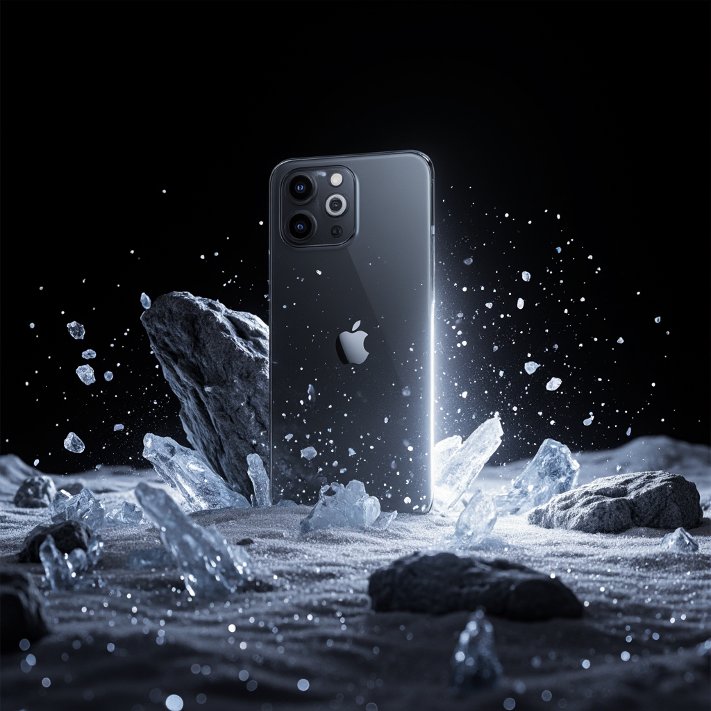 黑色背景中的岩石环绕 iPhone 产品特写