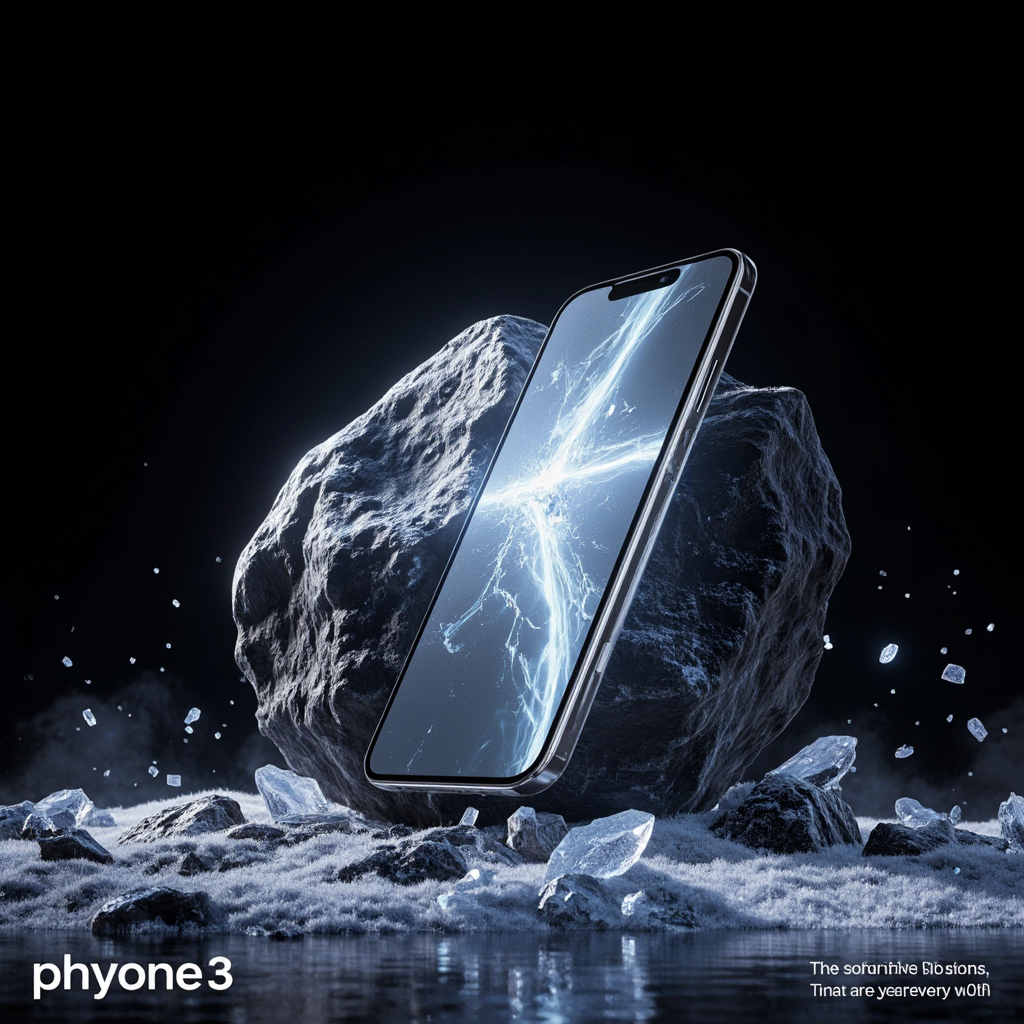 黑色背景中的岩石环绕 iPhone 产品特写