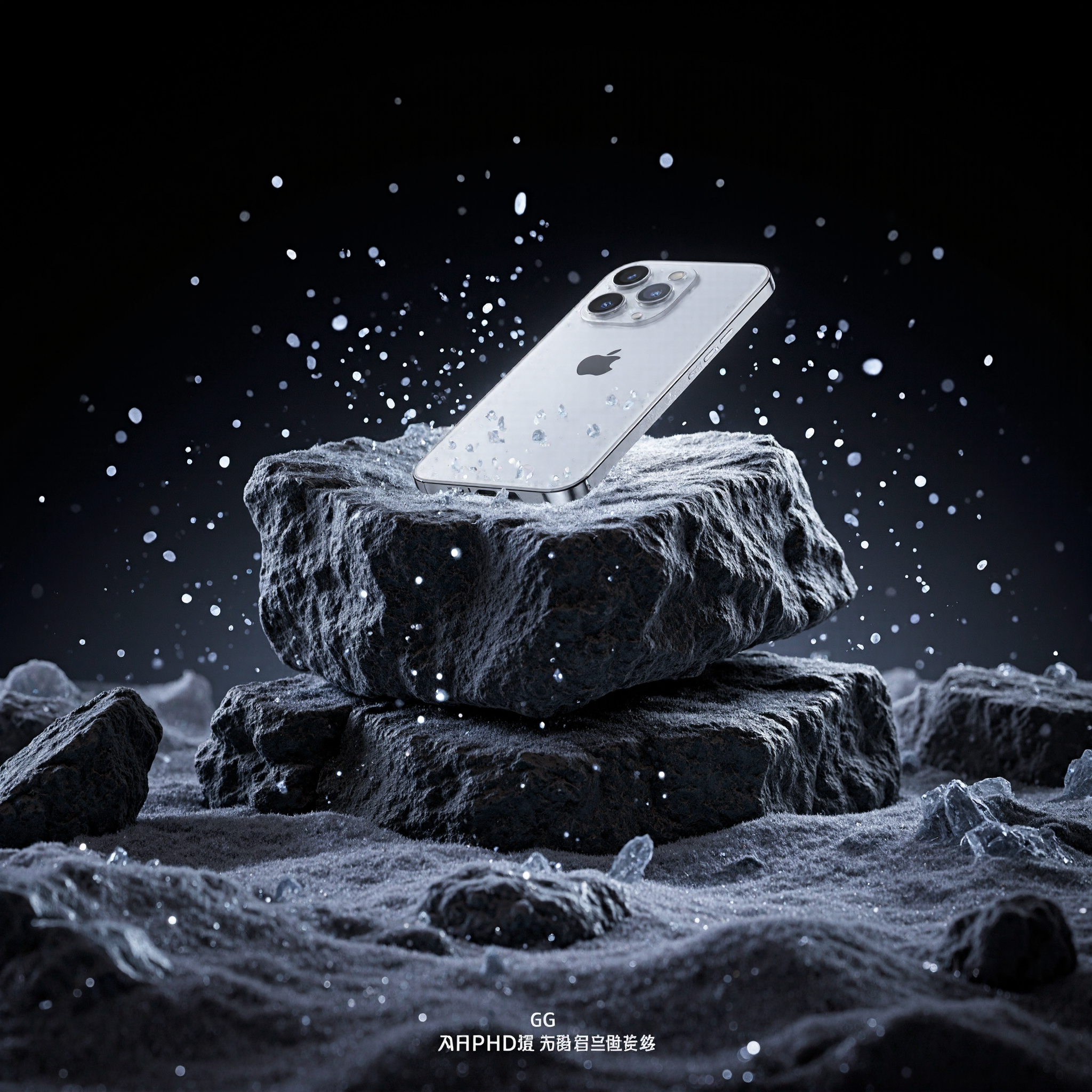 黑色背景中的岩石环绕 iPhone 产品特写