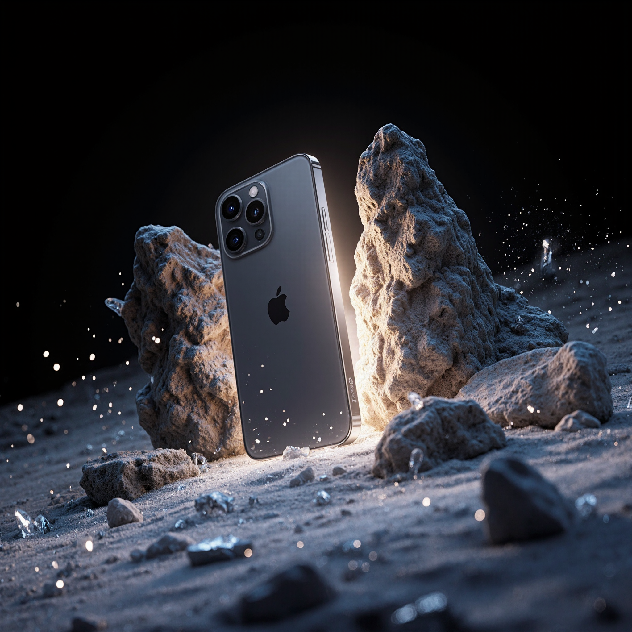 黑色背景中的岩石环绕 iPhone 产品特写