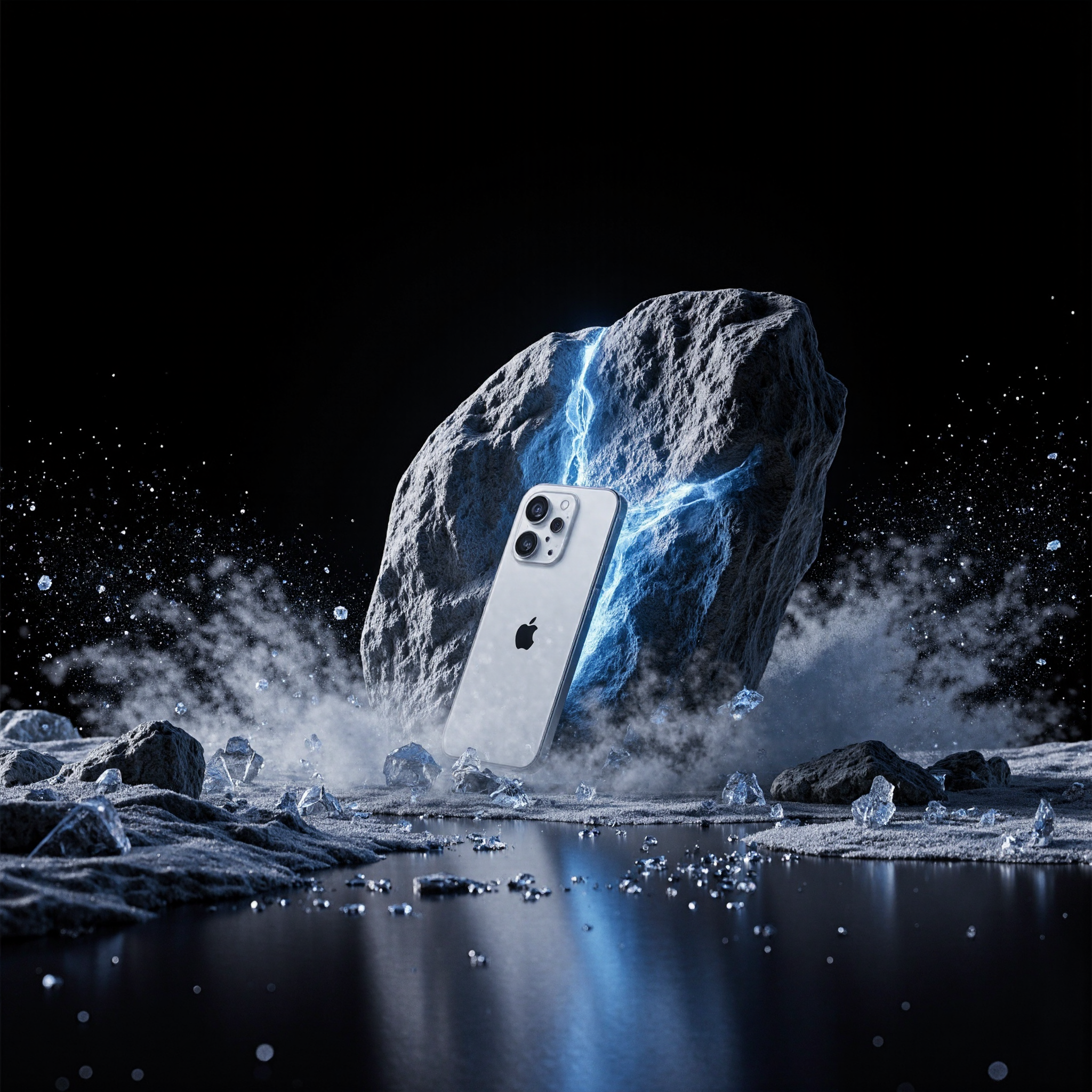 黑色背景中的岩石环绕 iPhone 产品特写
