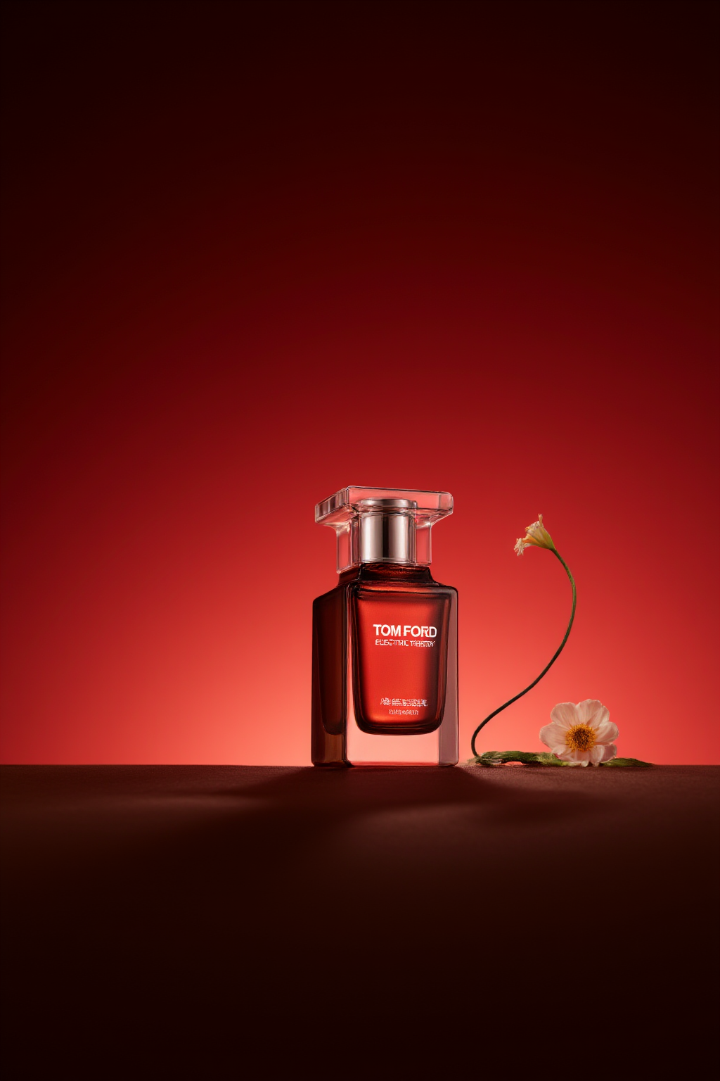 红色渐变背景下的TOM FORD香水产品海报