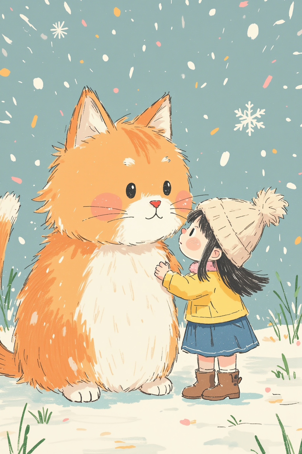 可爱的大猫咪和小女孩治愈系插画