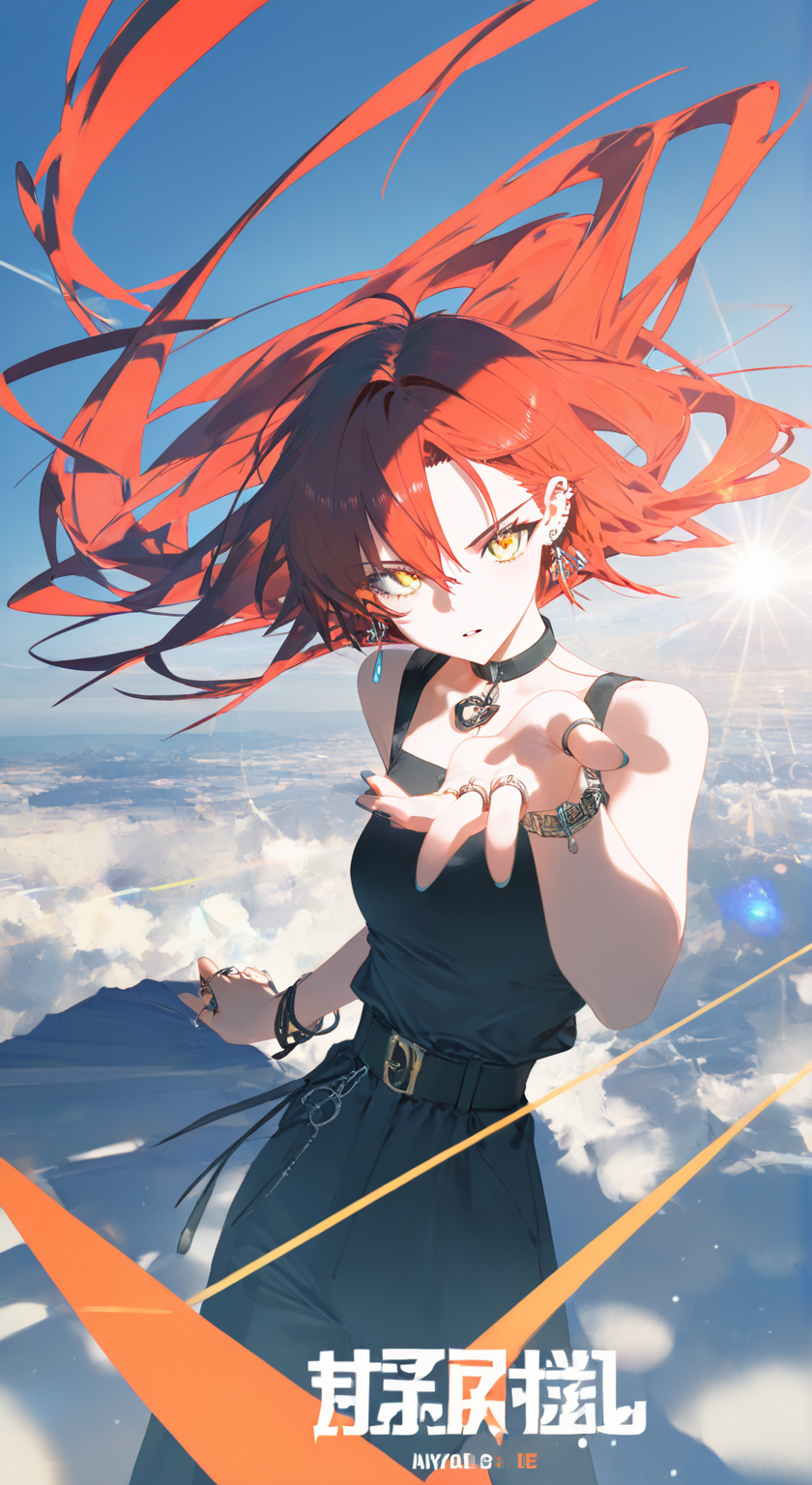 逆风中的红发少女插画