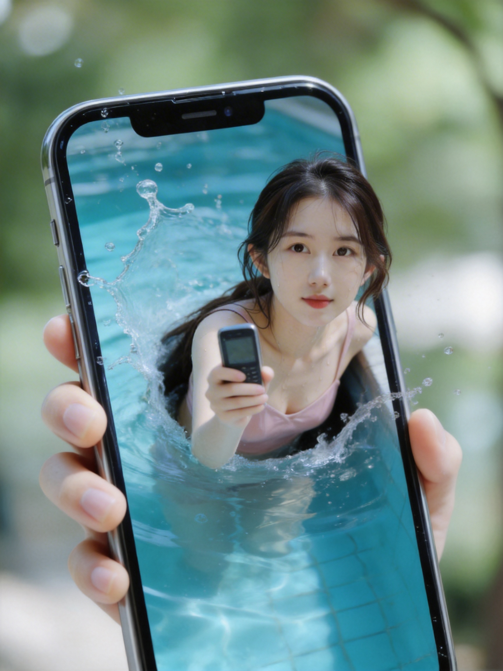 手机屏幕中的泳池冲浪女孩创意视觉