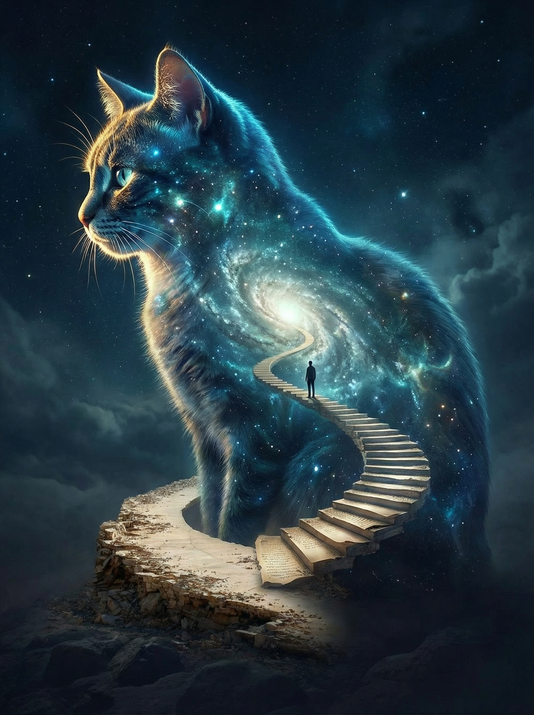 宇宙猫与星空阶梯的超现实幻想