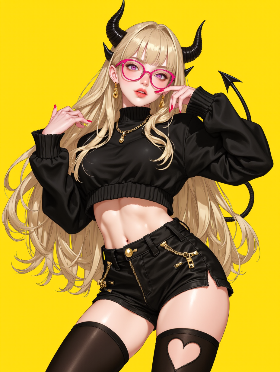 黄底恶魔角时尚动漫女孩插画