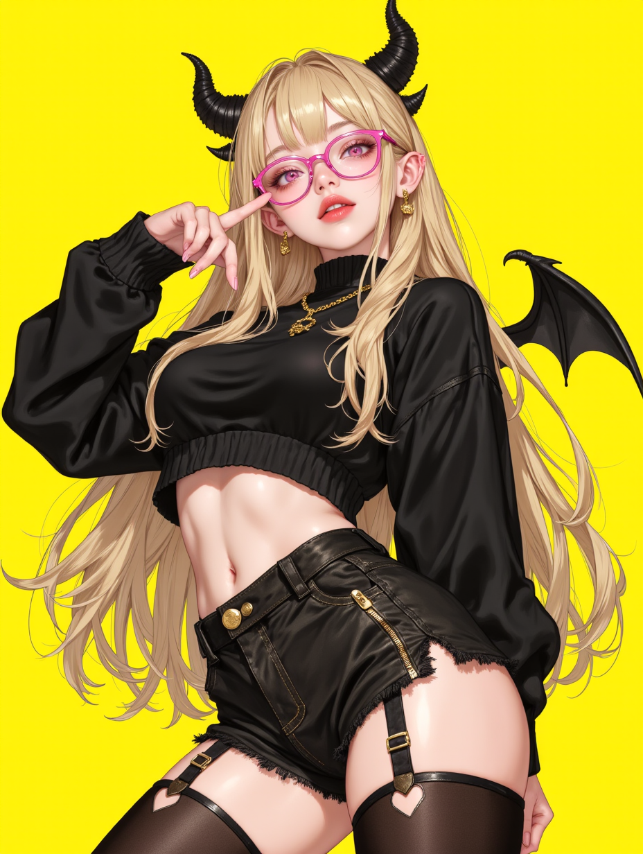 黄底恶魔角时尚动漫女孩插画