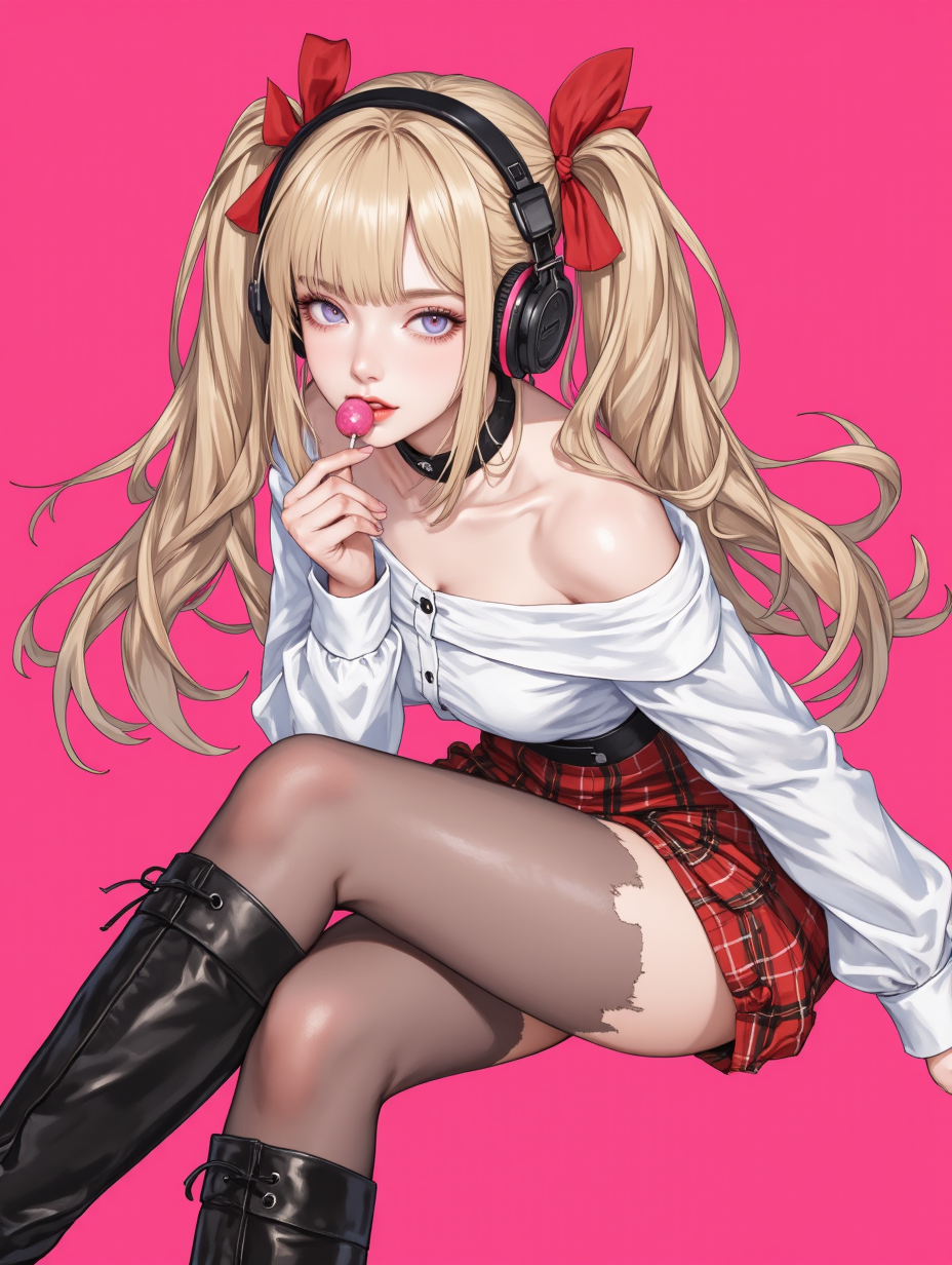 粉色背景下的耳机金发双马尾动漫少女